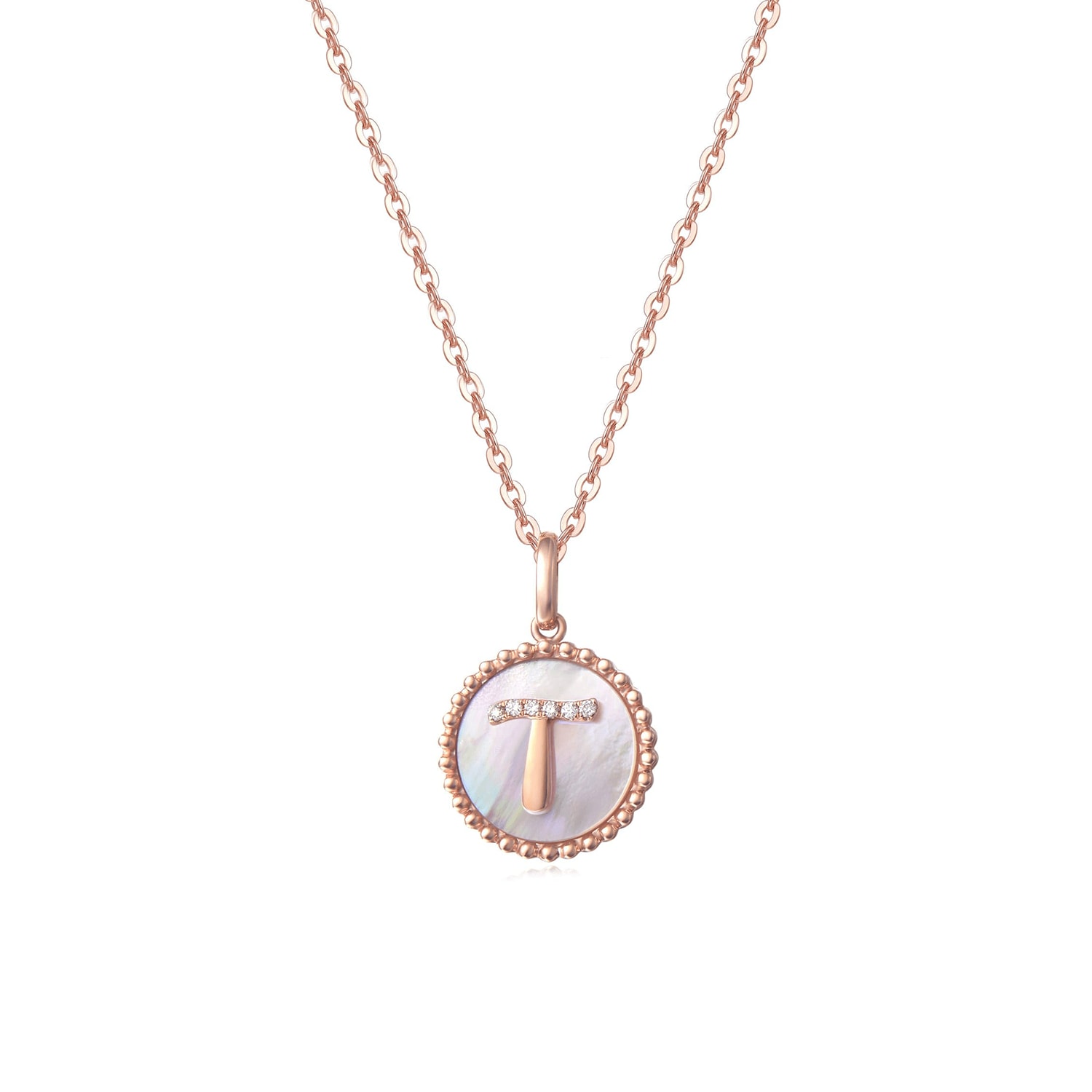Fanci Me Women's "t" Initial Letter Mother Of Pearl And Diamond Round Disc Solid Rose Gold Necklace - Rose Go