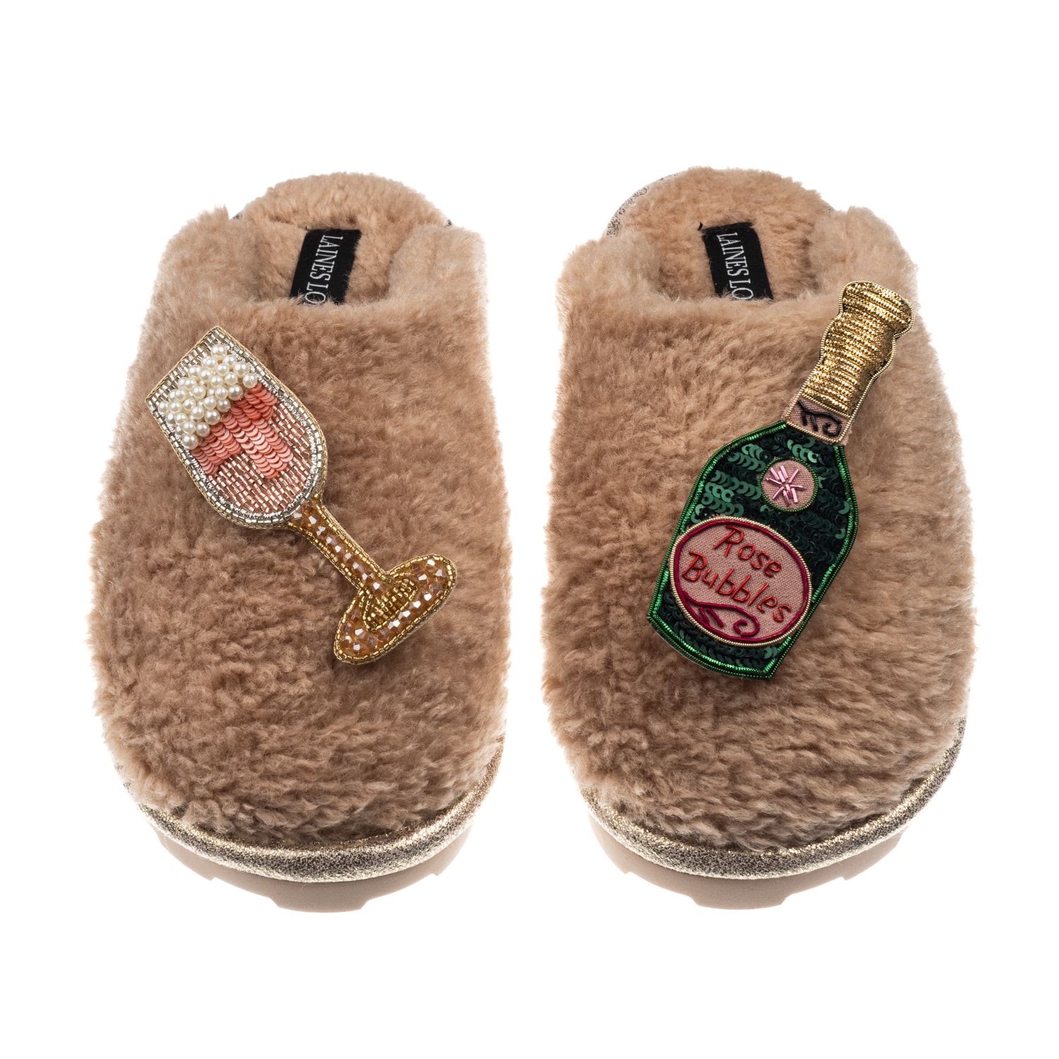 Laines London Women's Neutrals / Brown Teddy Closed Toe Slippers With Pink Champagne & Glass Brooches - Toffee In Brown