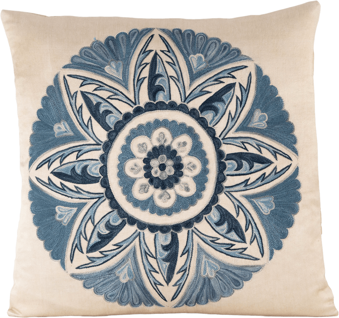 Hand-Embroidered Silk Cushion - Blue Floral Medallion One Size Anor Living