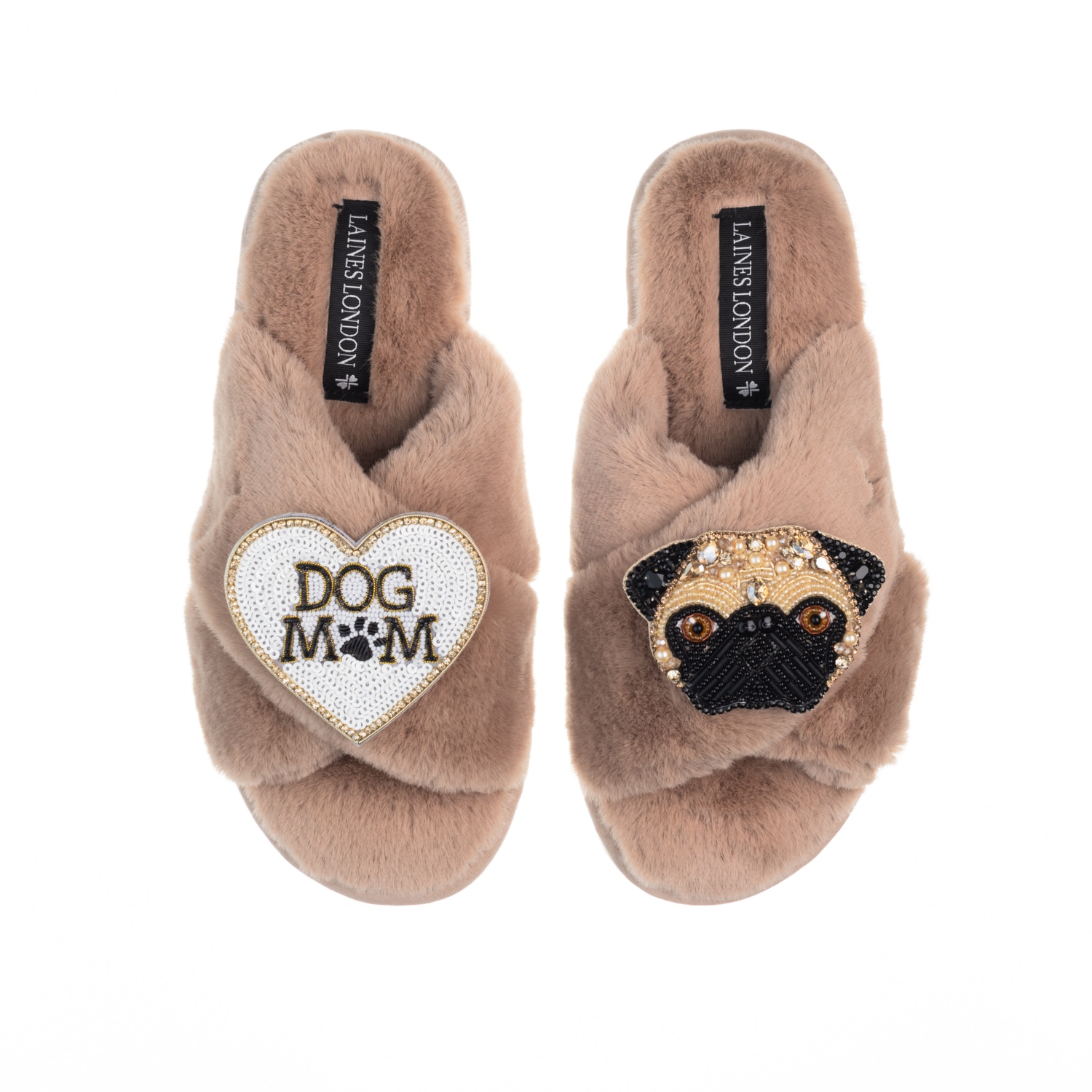 Laines London Women's Brown Classic Laines Slippers With Franki Pug & Dog Mum / Mom Brooches - Toffee In Brown