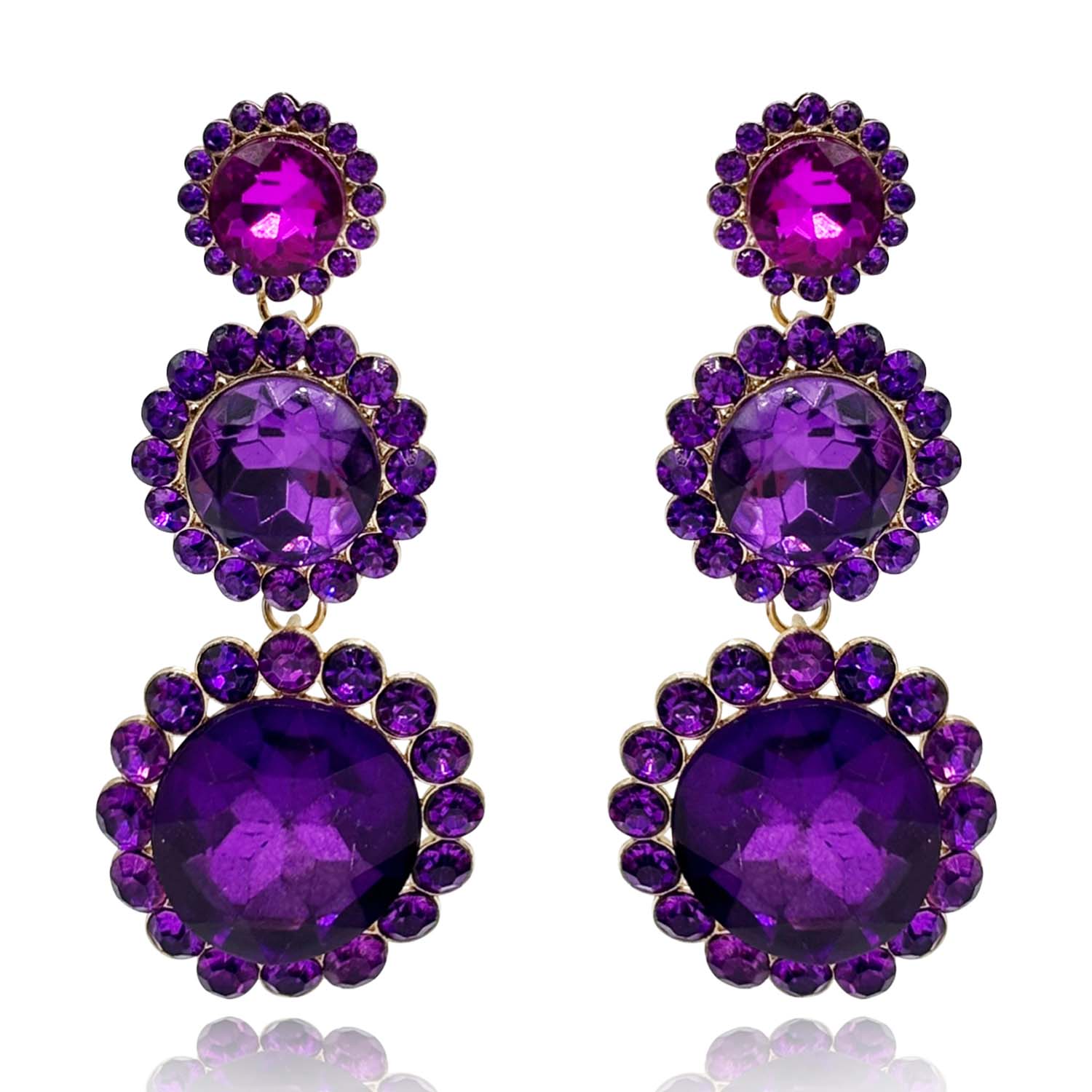 Michael Nash Jewelry Women's Pink / Purple Triple Round Crystal Amethyst Drop Earrings Surrounded By Round Amethyst Stone