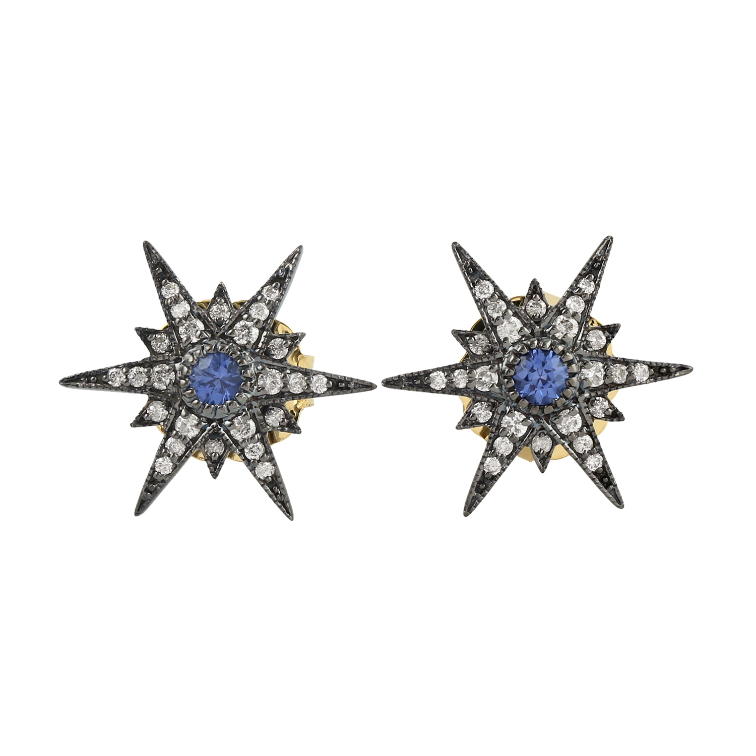 Women’s White / Blue / Gold 18K Gold With 925 Sterling Silver In Diamond & Blue Sapphire Victorian Star Stud Earrings Artisan