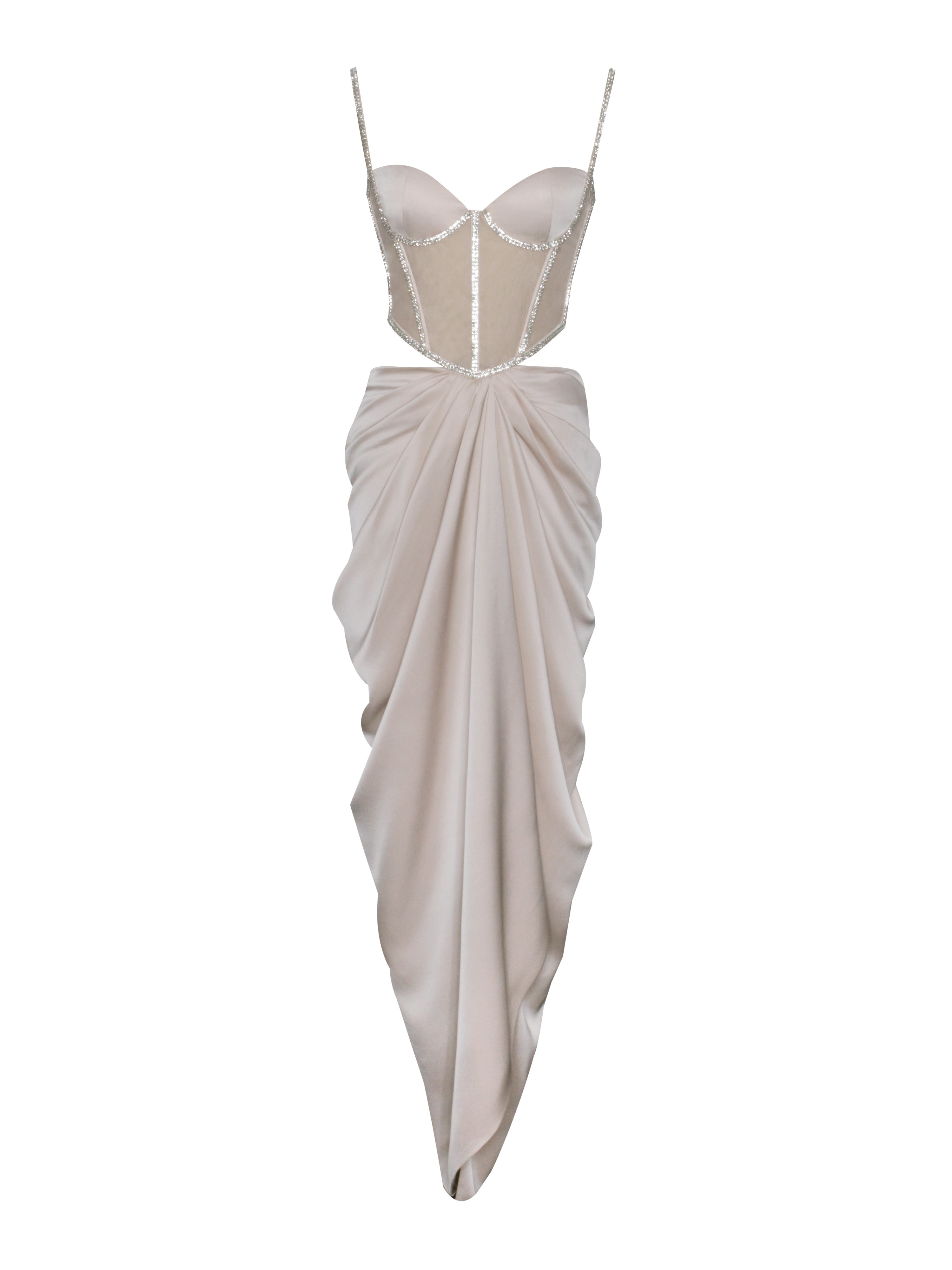 Miss Circle New York Women's Neutrals Cadence Champagne Satin Crystal Embellished Corset Dress