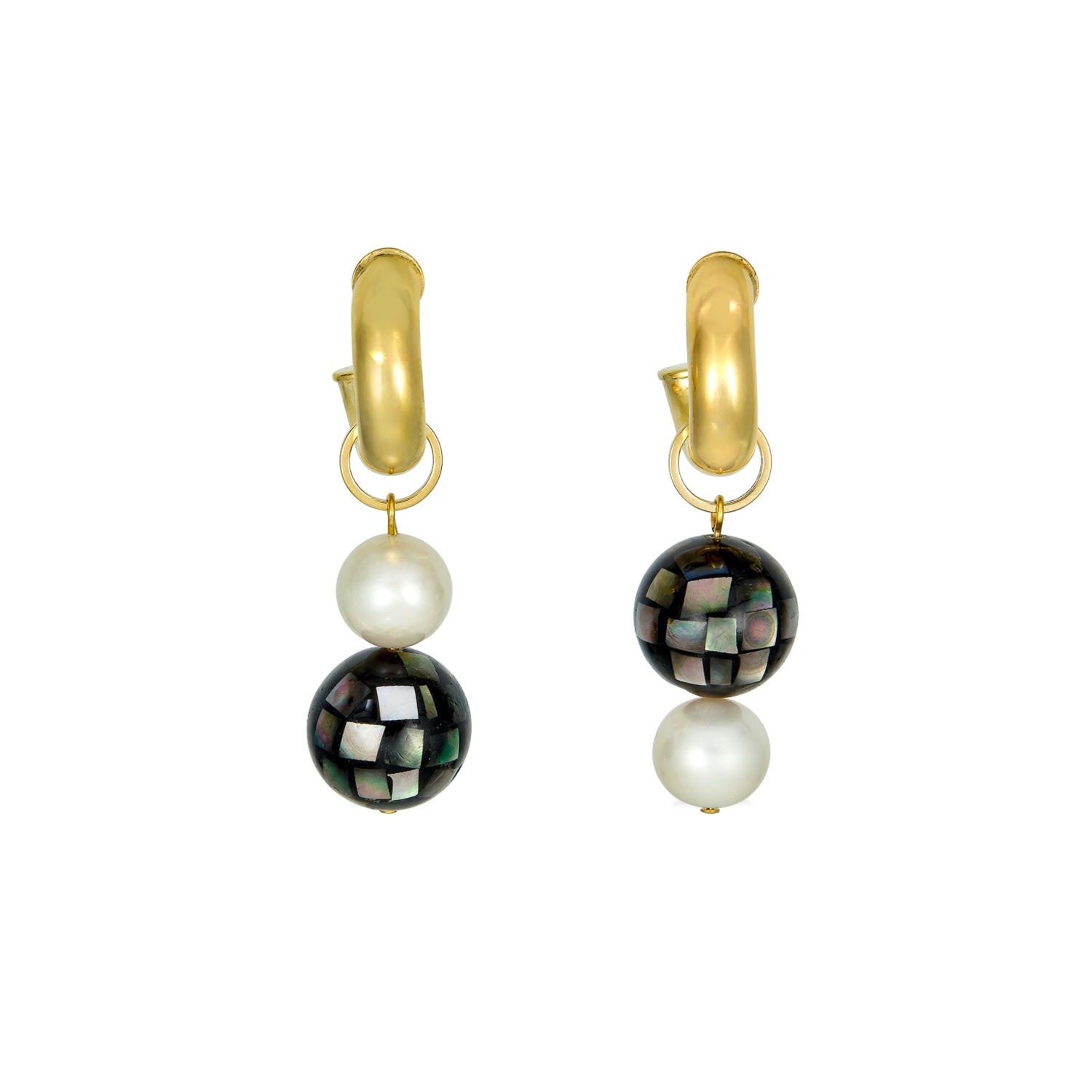 Women’s Black / Gold / White Mabel Black Lip Shell Mosaic And Freshwater Pearl Earrings Rodela