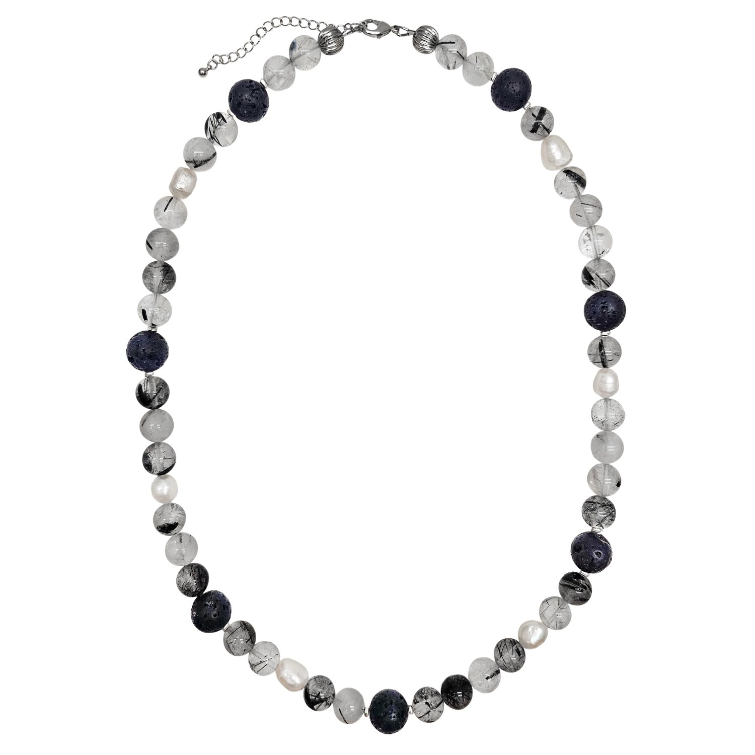 Farra Men's Black Rutilated Quartz With Lava Stone And Pearls Necklace