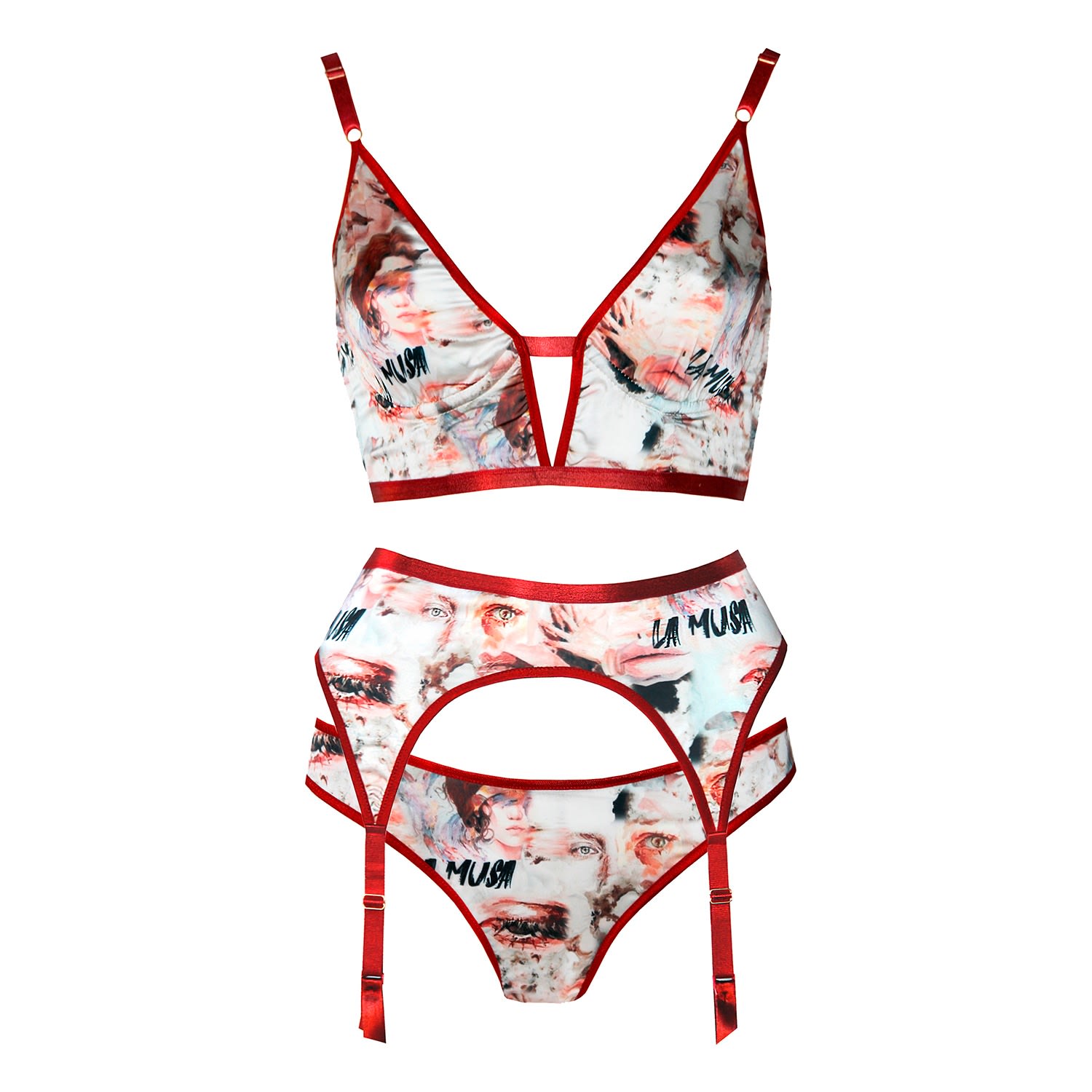 Shop La Musa Women's Grey / White / Red Playful Red Lingerie Set In Grey/white/red