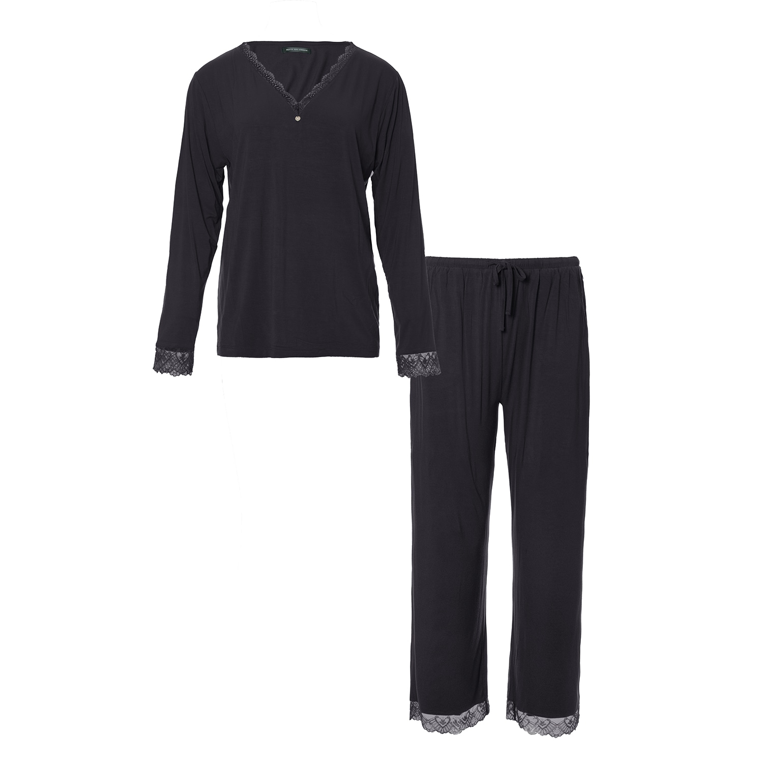 Pretty You Women's Black / Grey Bamboo Lace V-neck Pyjama Set In Raven In Black/grey