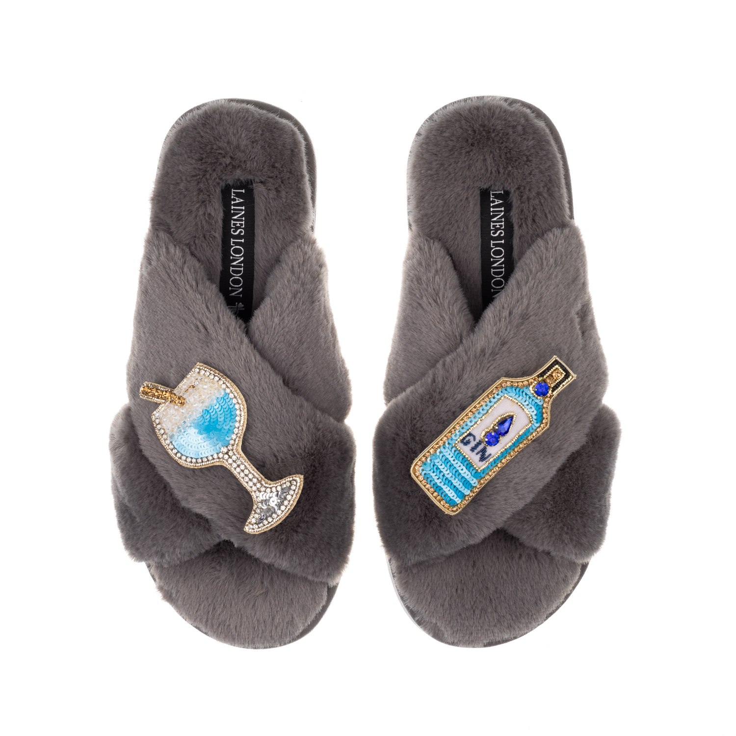 Women’s Classic Laines Slippers With Sapphire Gin Brooches - Grey Medium Laines London