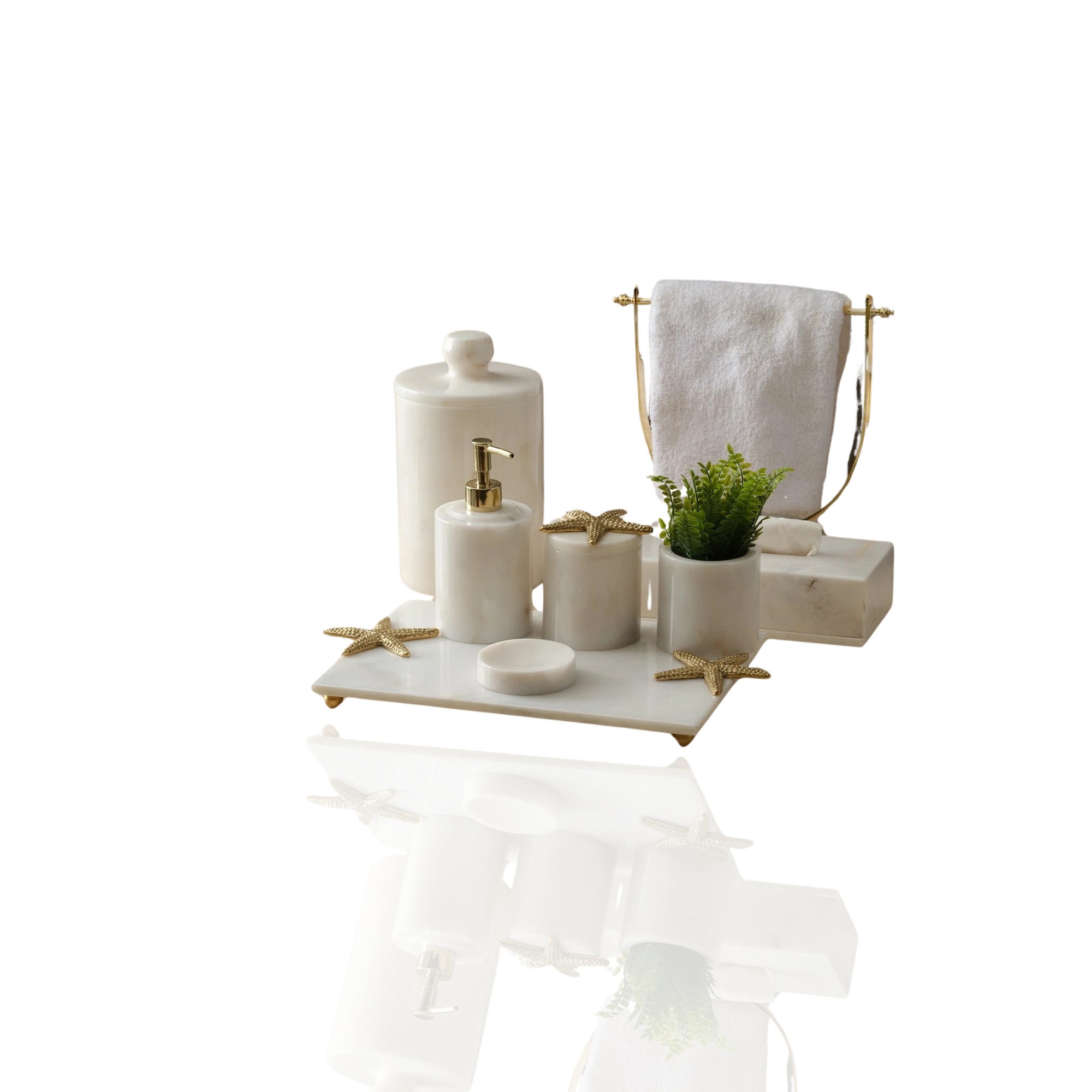 Marleth White Luxury Marble Bathroom Set With Towel Holder And Tissue Box & Six-piece Set With Gold Accents