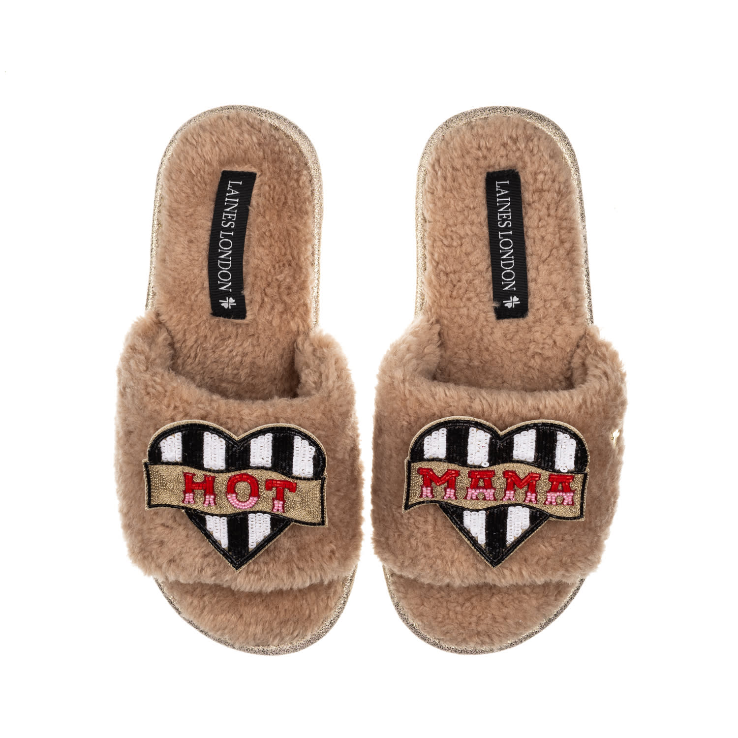 Laines London Women's Brown Teddy Toweling Slipper Sliders With Hot Mama Brooches - Toffee In Brown