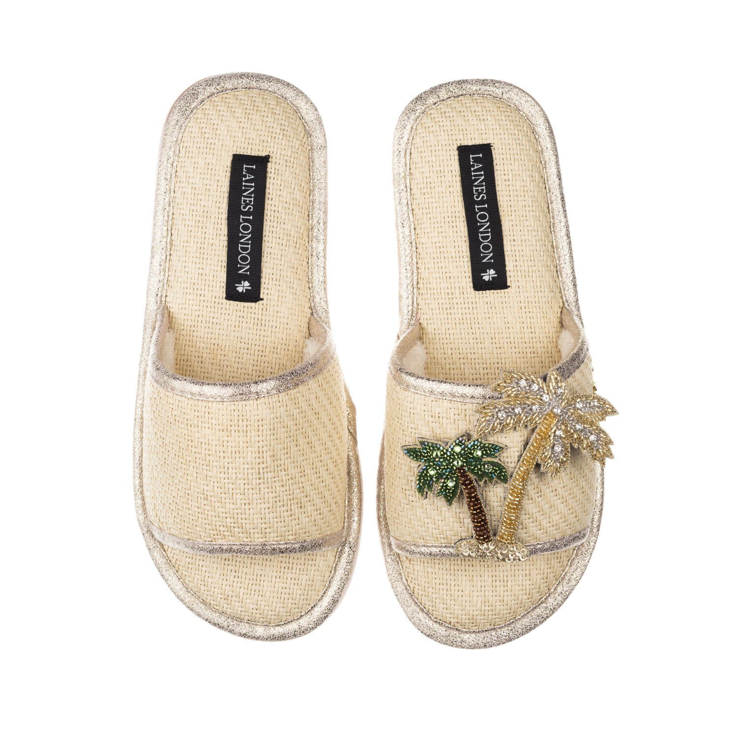 Laines London Women's Neutrals Straw Braided Sandals With Handmade Couture Golden Palm Tree Brooch - Cream In White/yellow