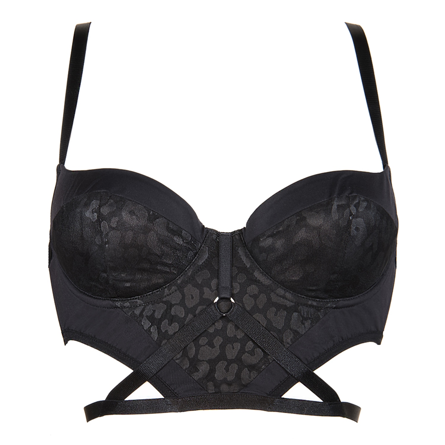 Reckless Wolf Women's Black Raw Longline Bra - Leopard Print, Padded Wired Bra With Cutouts & Strapping Details In Black