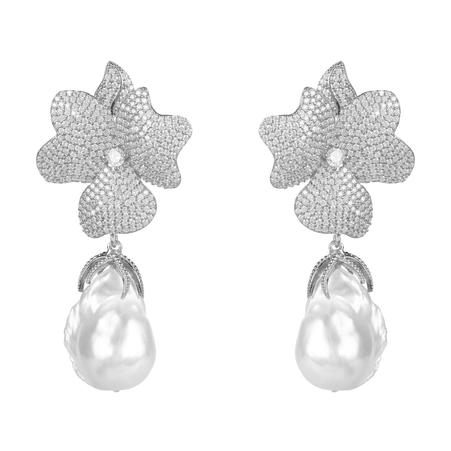 Latelita Women's Silver / White Baroque Pearl White Flower Drop Earrings Silver In Multi