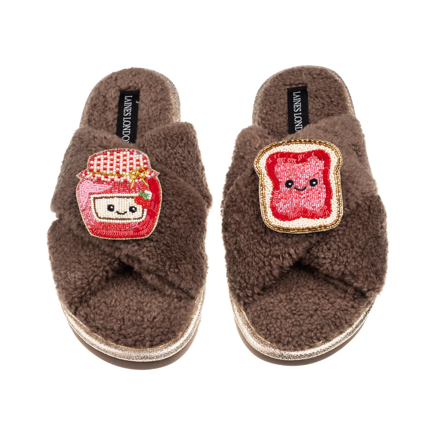 Laines London Women's Brown / Neutrals Laines Boucle Slippers With Laines Loveables Jam & Toast Brooches - Mink