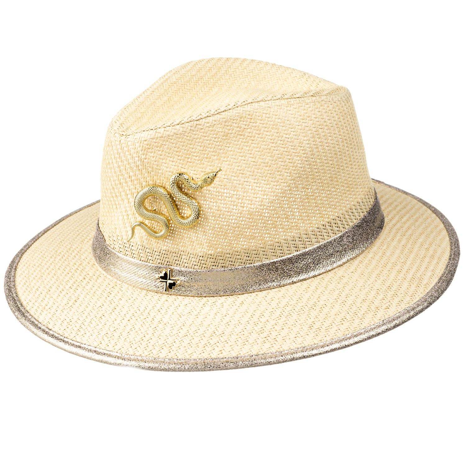 Straw Woven Hat With Gold Metal Snake Brooch - Navy