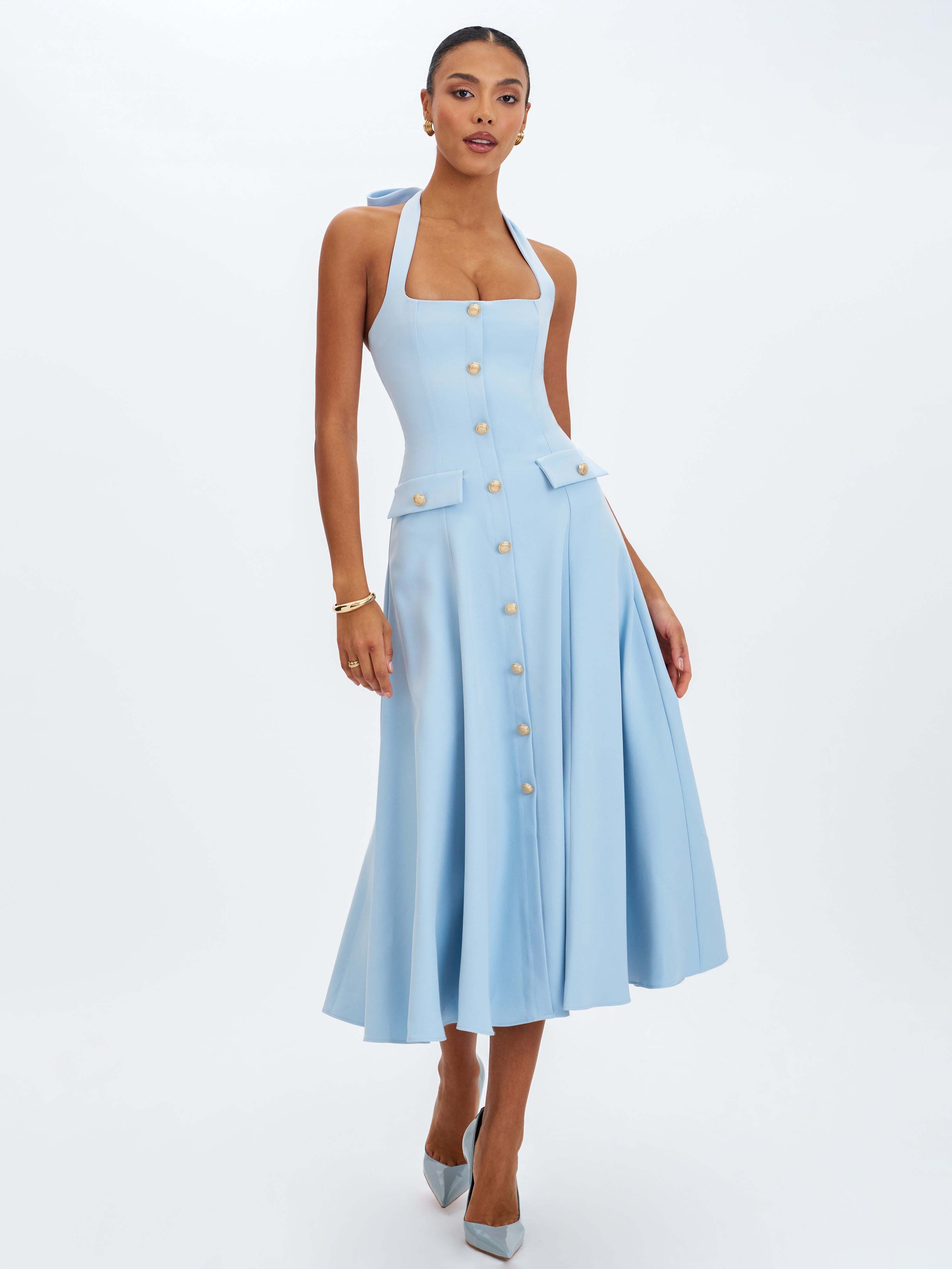 Gillian Mist Blue Halter A-Line Midi Dress | Miss Circle New York