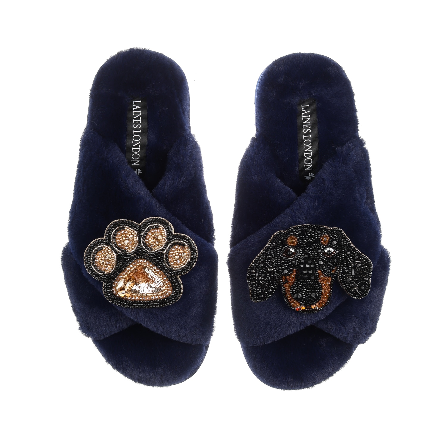 Women’s Blue Classic Laines Slippers With Artisan Little Sausage & Paw Brooches - Navy Large Laines London