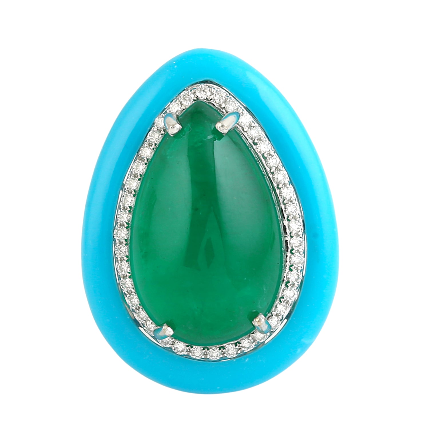 Artisan Women's White / Green / Blue Emerald & Turquoise Gemstone Pave Diamond Cocktail Ring In White Gold