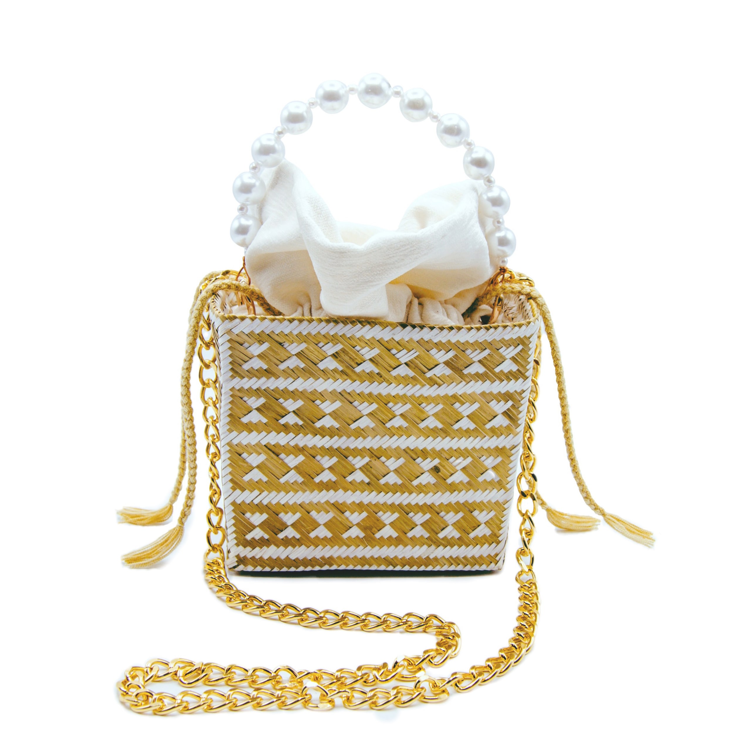 Women’s Tuparro White & Gold Small Handwoven Straw Basket Bag Washein