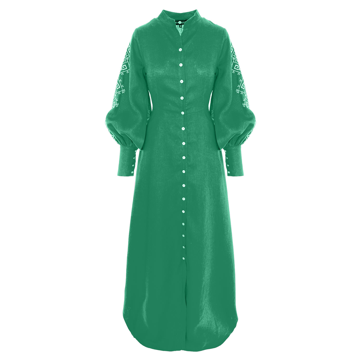 Women’s Maxi Linen Green Dress With Floral Embroidery And Long Sleeves Xxs Izabela Mandoiu