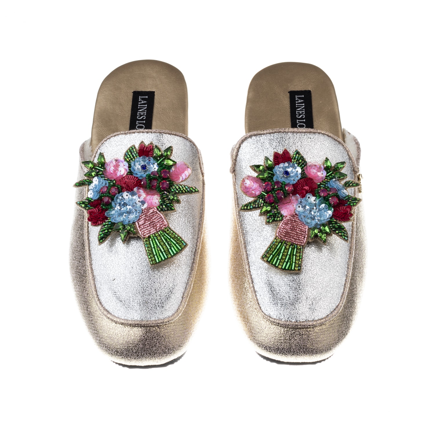 Women’s Gold / Silver Classic Mules With Double Flower Bouquet Brooches - Silver & Gold Extra Large Laines London