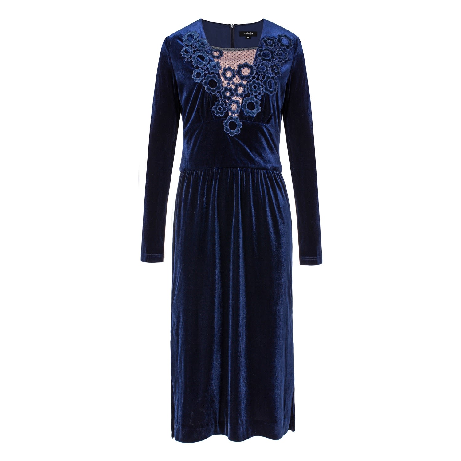 Women’s Blue V-Neck With Lacework Velvet Dress Medium Smart and Joy