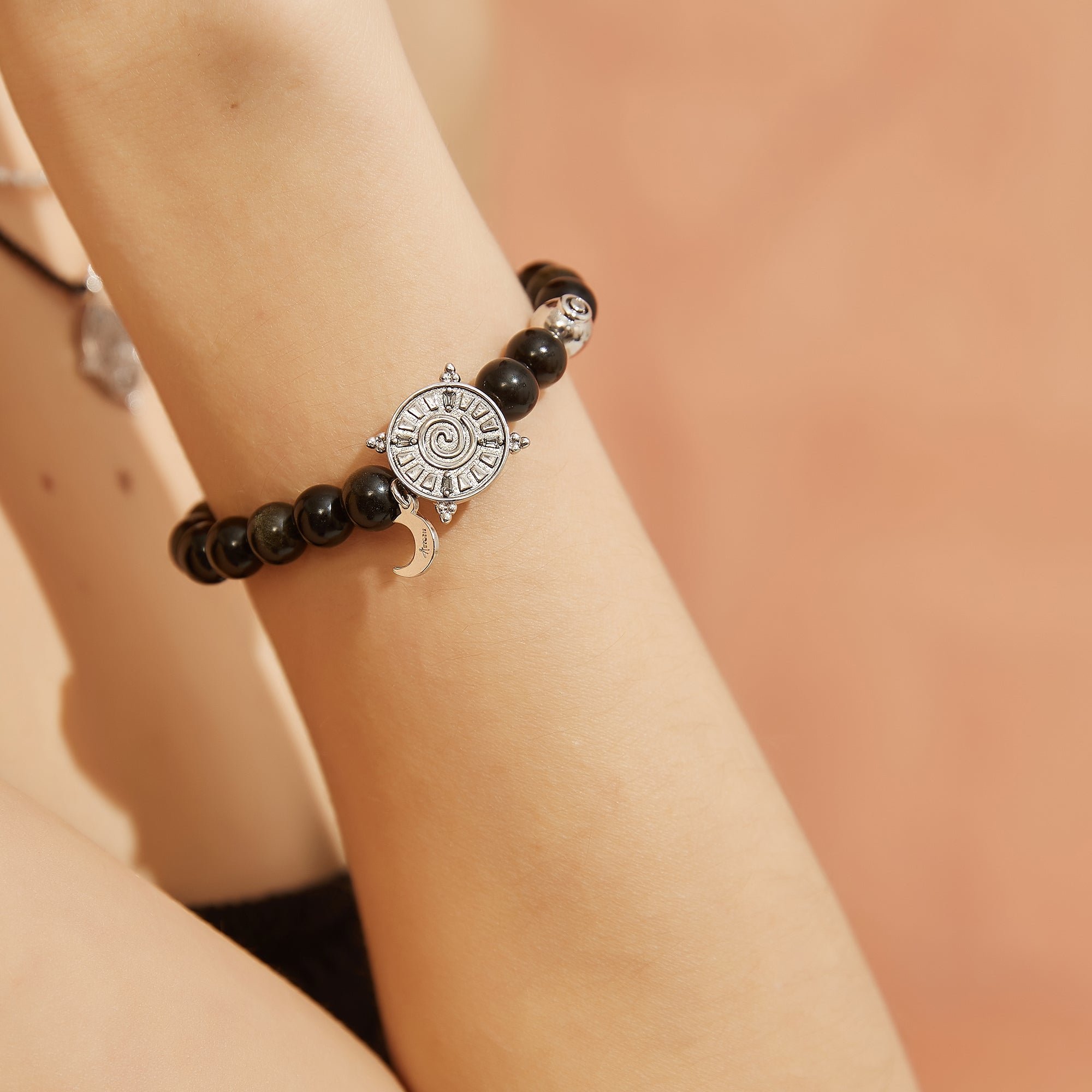 Aurozia Women's Gold / Silver Three Charms Sundial & Lotus & The Endless Love Knot Golden Obsidian Beaded Br In Black