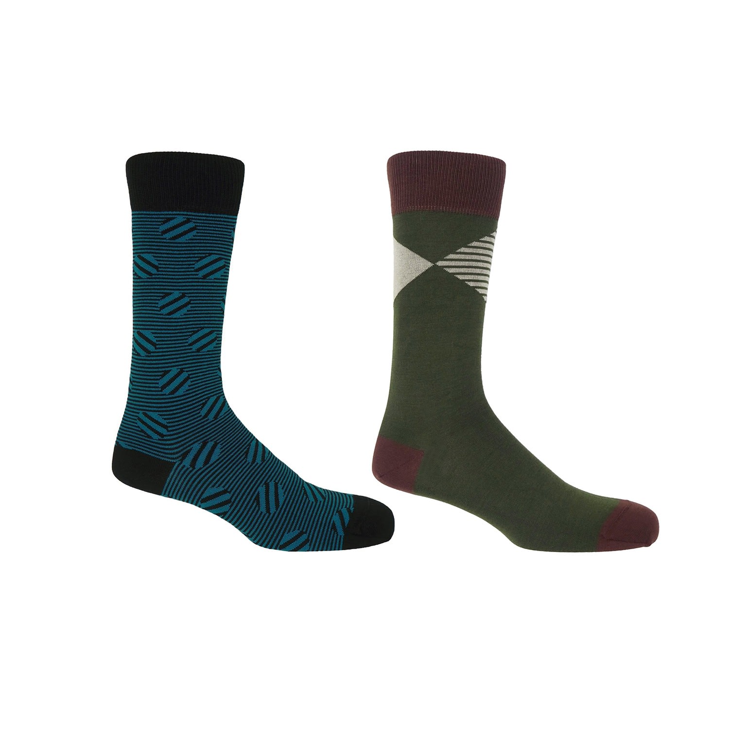 Sable Polka Stripe & Green Big Diamond Men’s Socks 2 Pack One Size Peper Harow - Made in England