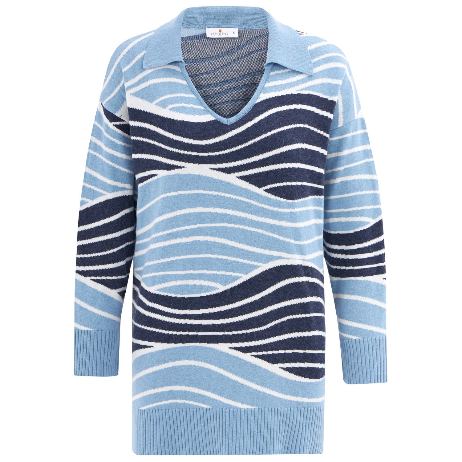 Women’s Polo V-Neck Wave Patterned Knitwear Pullover - Indigo/Light Blue Small Peraluna