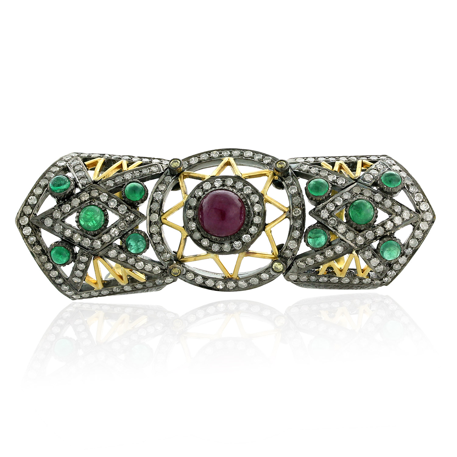 Women’s Emerald Ruby Diamond 18K Gold 925 Sterling Silver Full Finger Ring Artisan