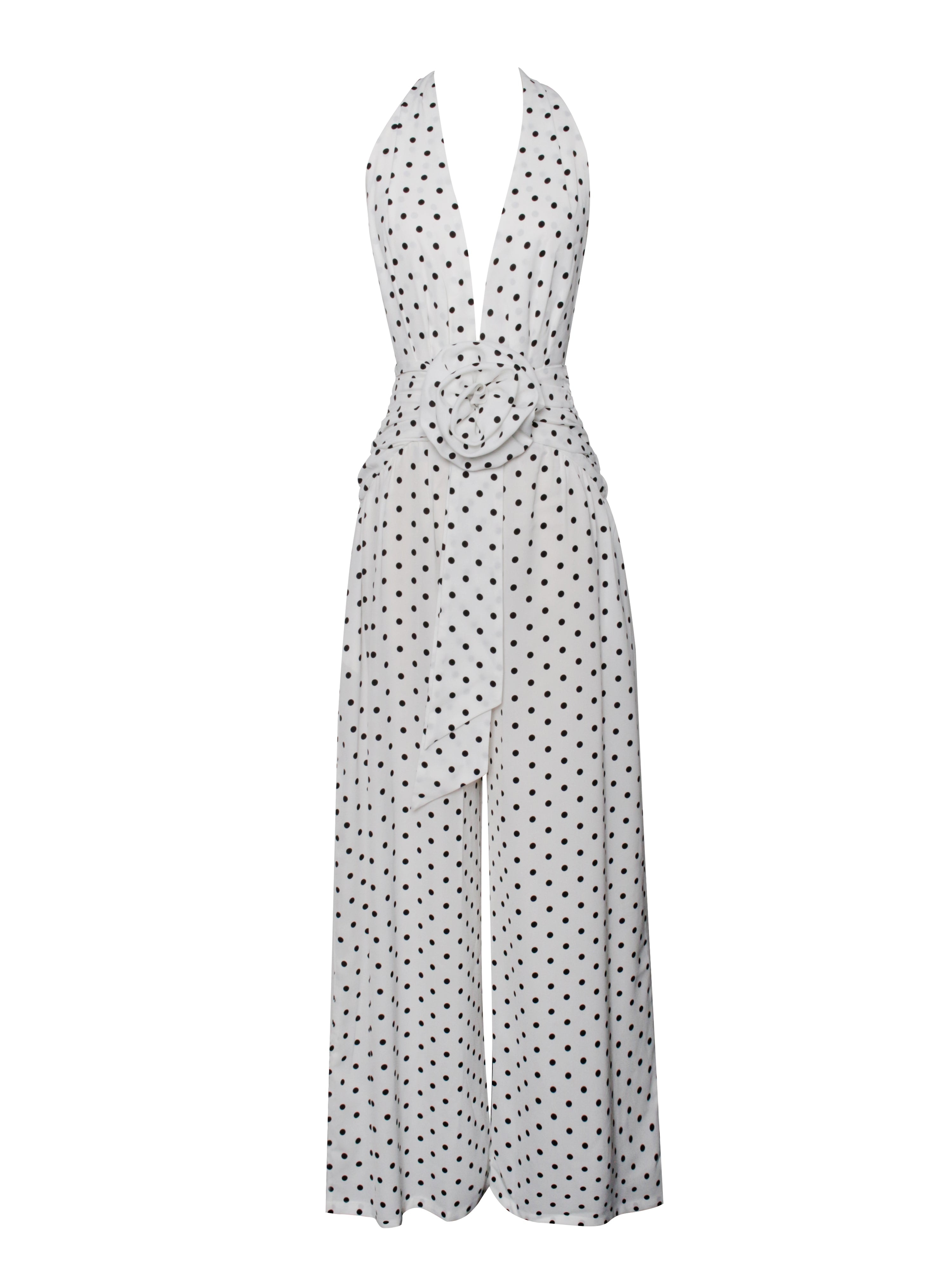 Miss Circle New York Women's Oriana White Polka Dots Halter Jumpsuit