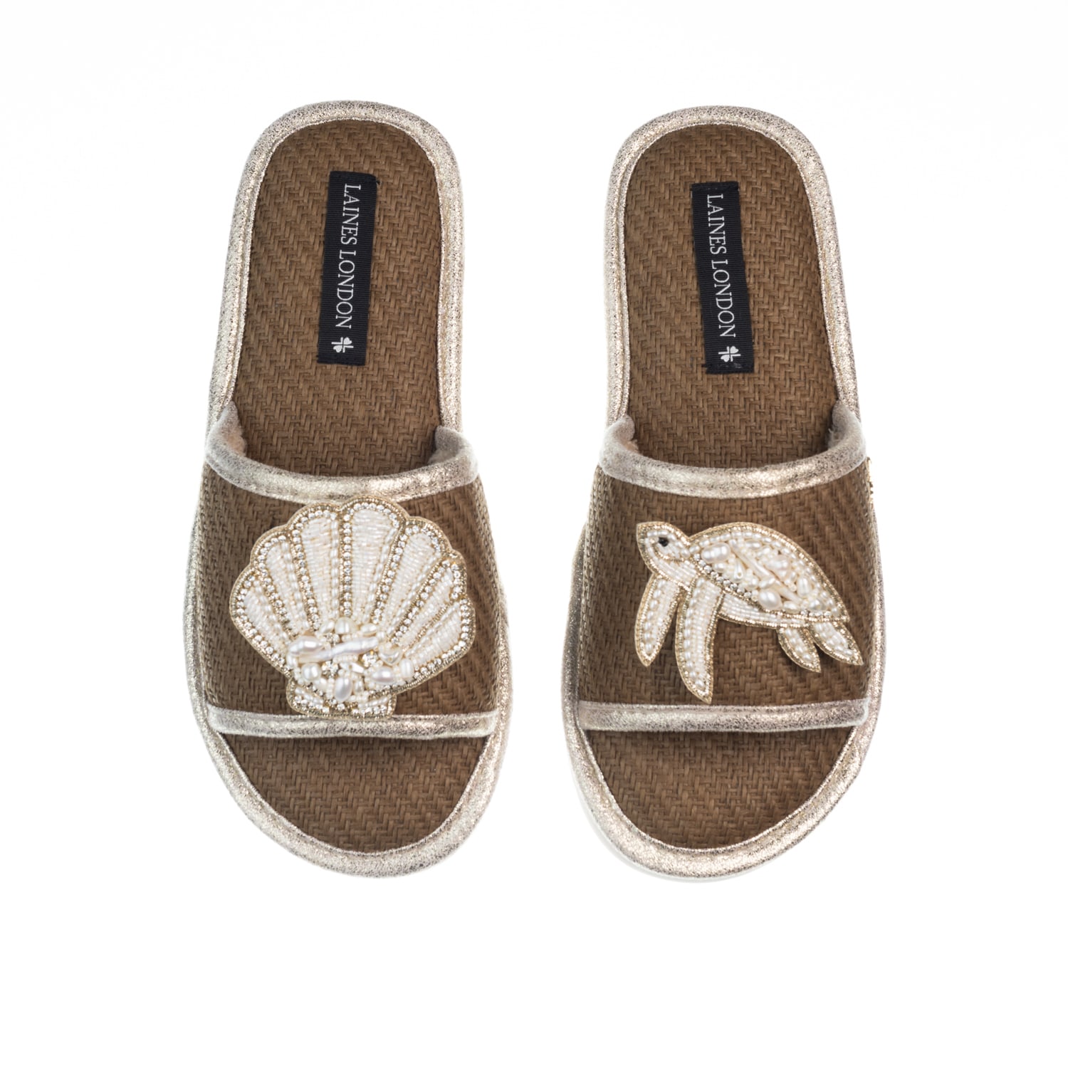 Women’s Brown Straw Braided Sandals With Beaded Shell & Turtle Brooches - Caramel Large Laines London