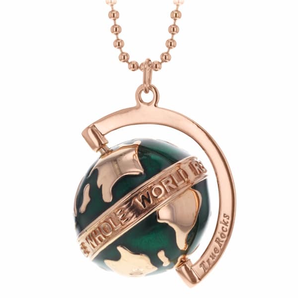 True Rocks Small Spinning Globe Necklace Rose Gold & Green Enamel