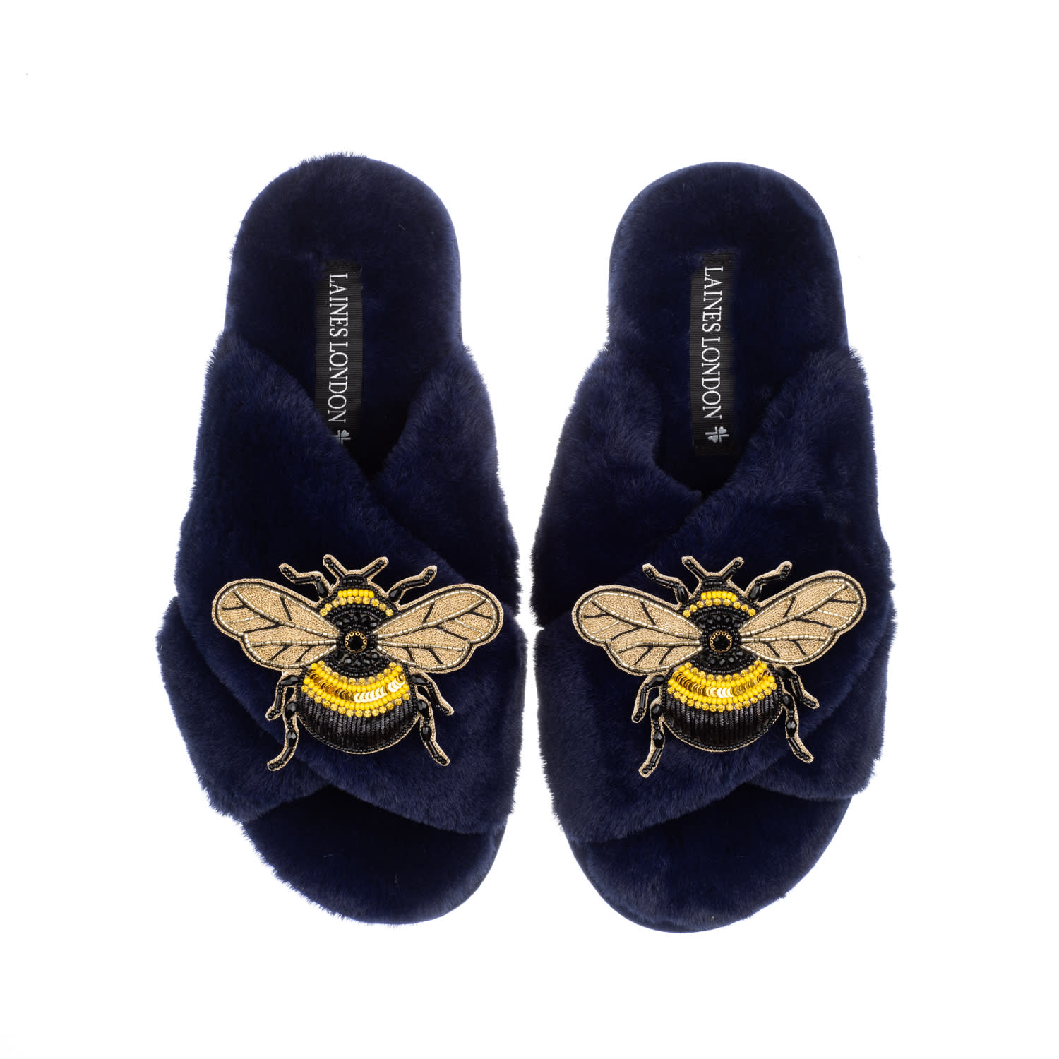 Laines London Women's Blue Classic Laines Slippers With Double Honey Bee Brooches - Navy In Blue