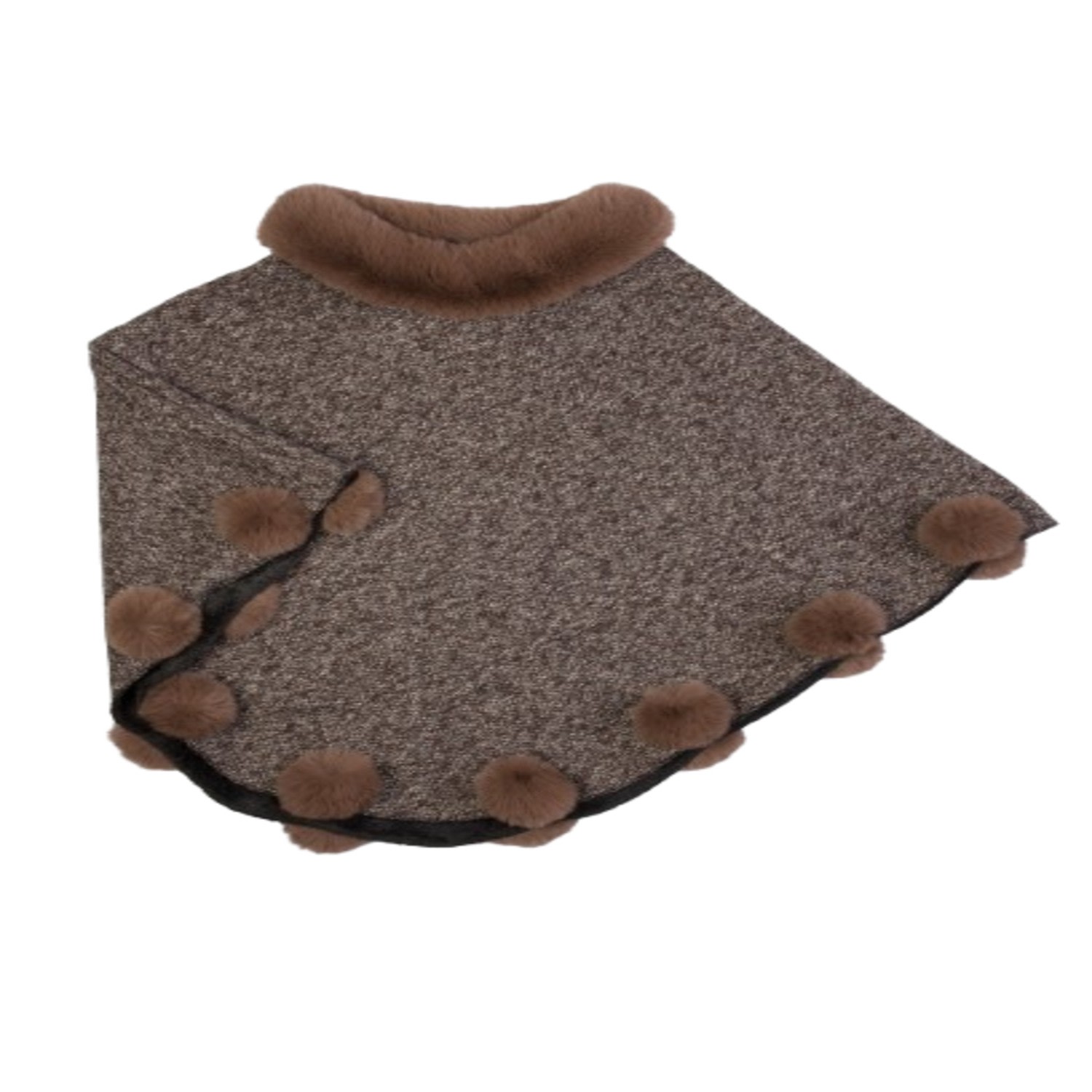 Saachi Women's Brown Faux Fur Burly Wood Poncho Pom Pom