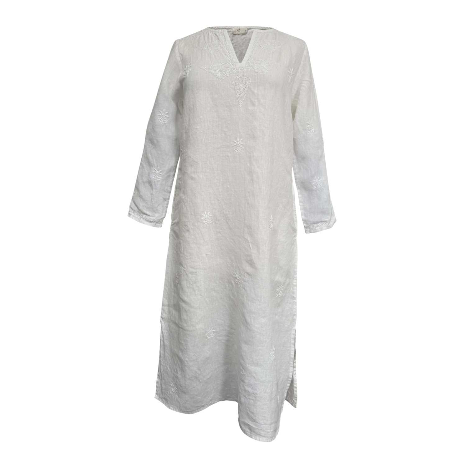 Women's Hand Embroidered White Linen Maxi Kaftan Dress In Gray