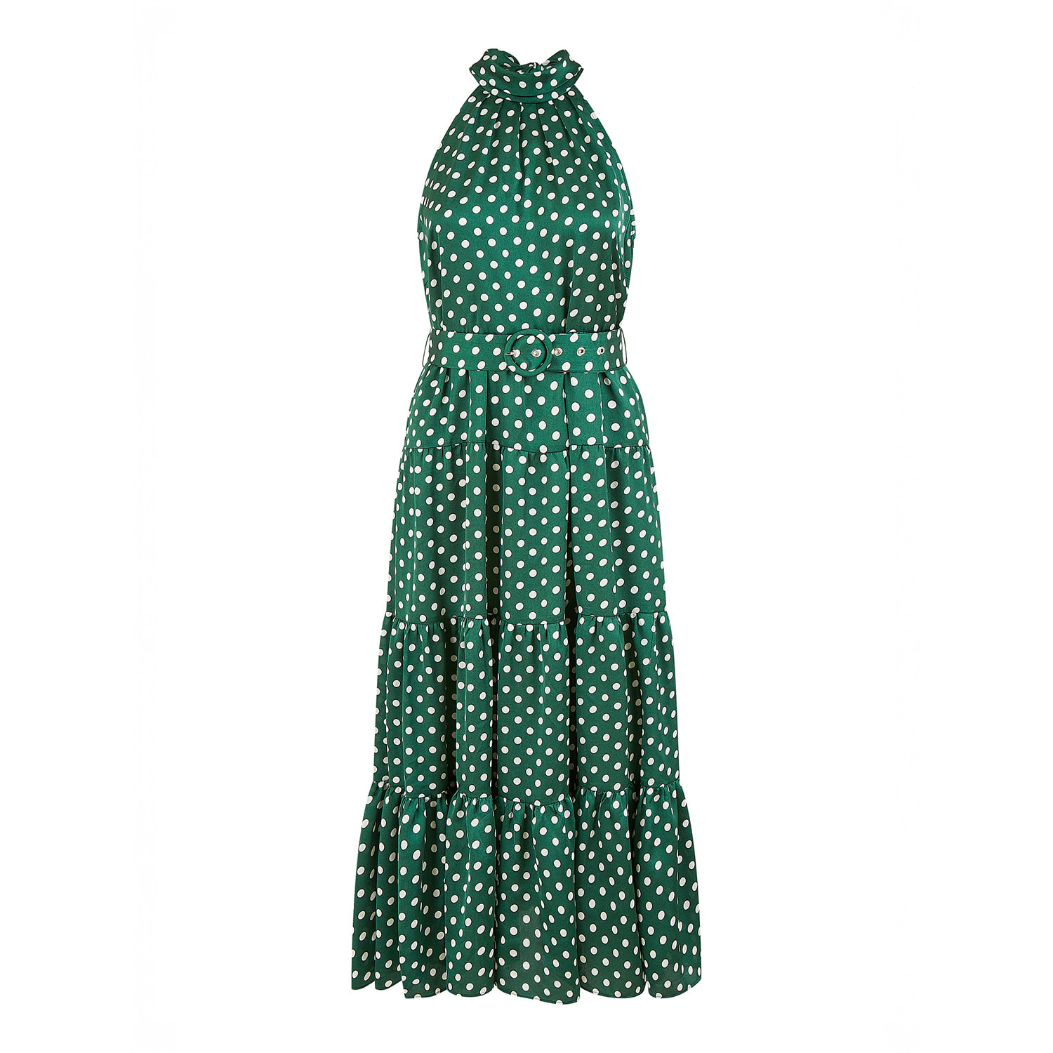 Yumi Women's  Green Spot Print Halter Midi Dress With Matching Belt