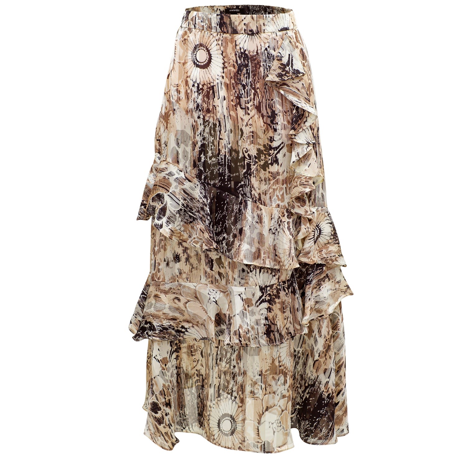 Women’s Neutrals Long Chiffon Skirt With Ruffles Floral Print Small Smart and Joy