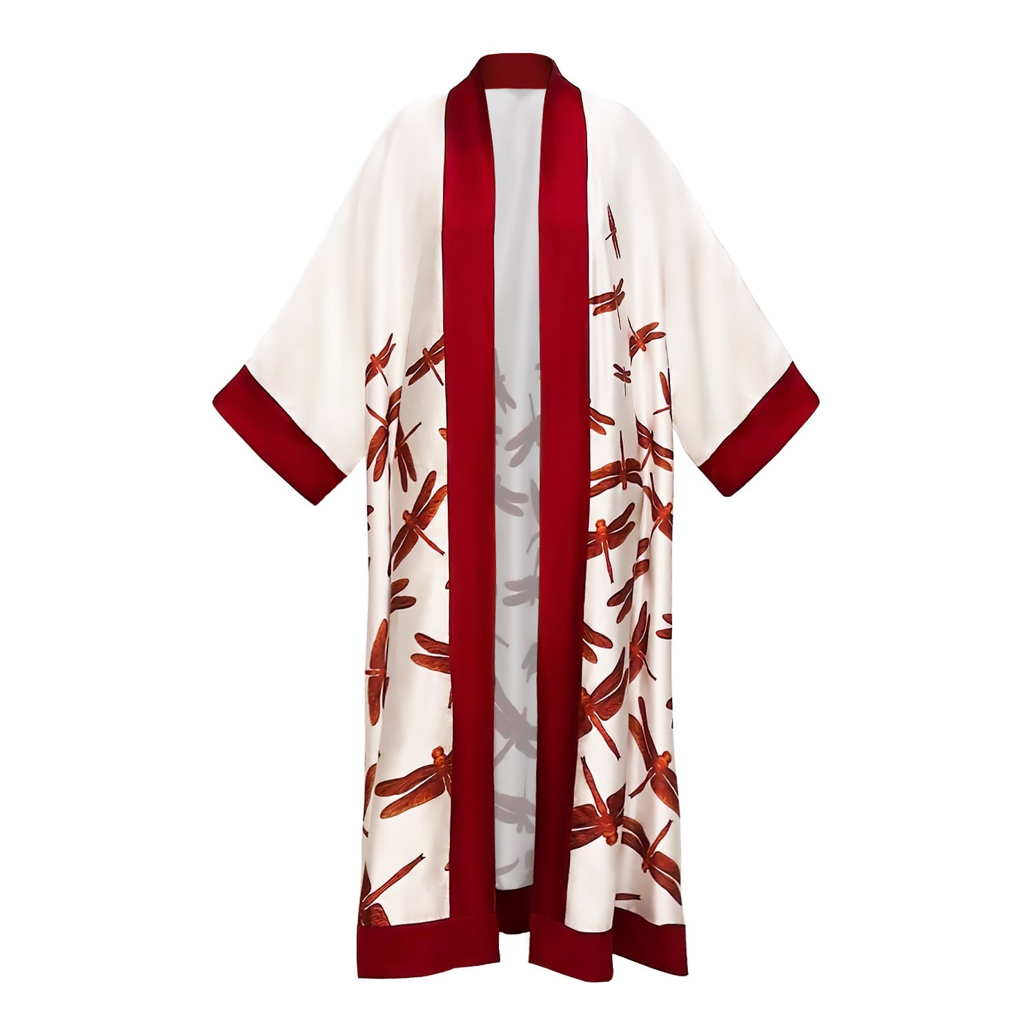 Janara Jones Women's White Red Dragonfly Satin Long Abaya Kaftan In White