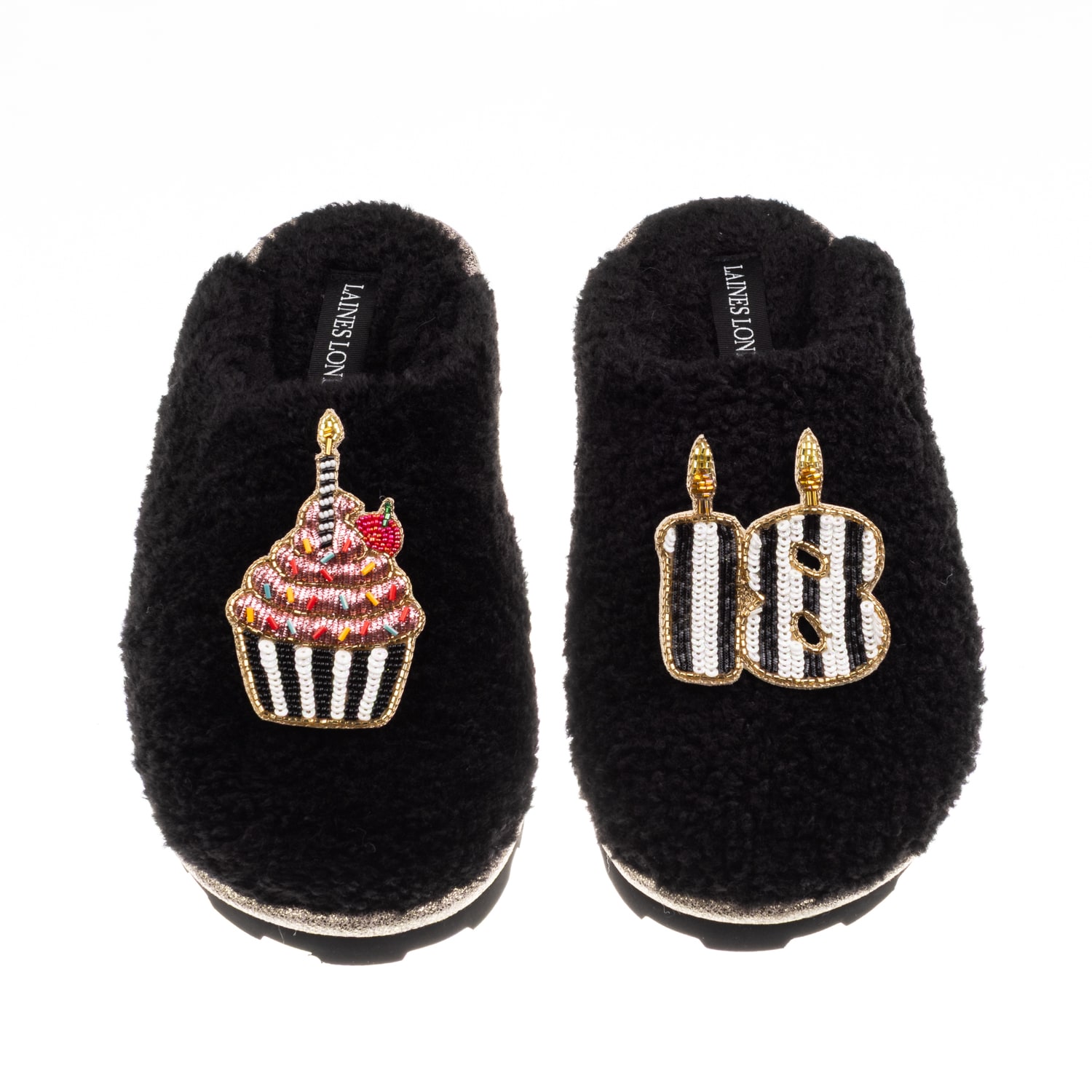 Laines London Women's Black Teddy Closed Toe Slippers With Stripe 18th Birthday & Cake Brooches In Black