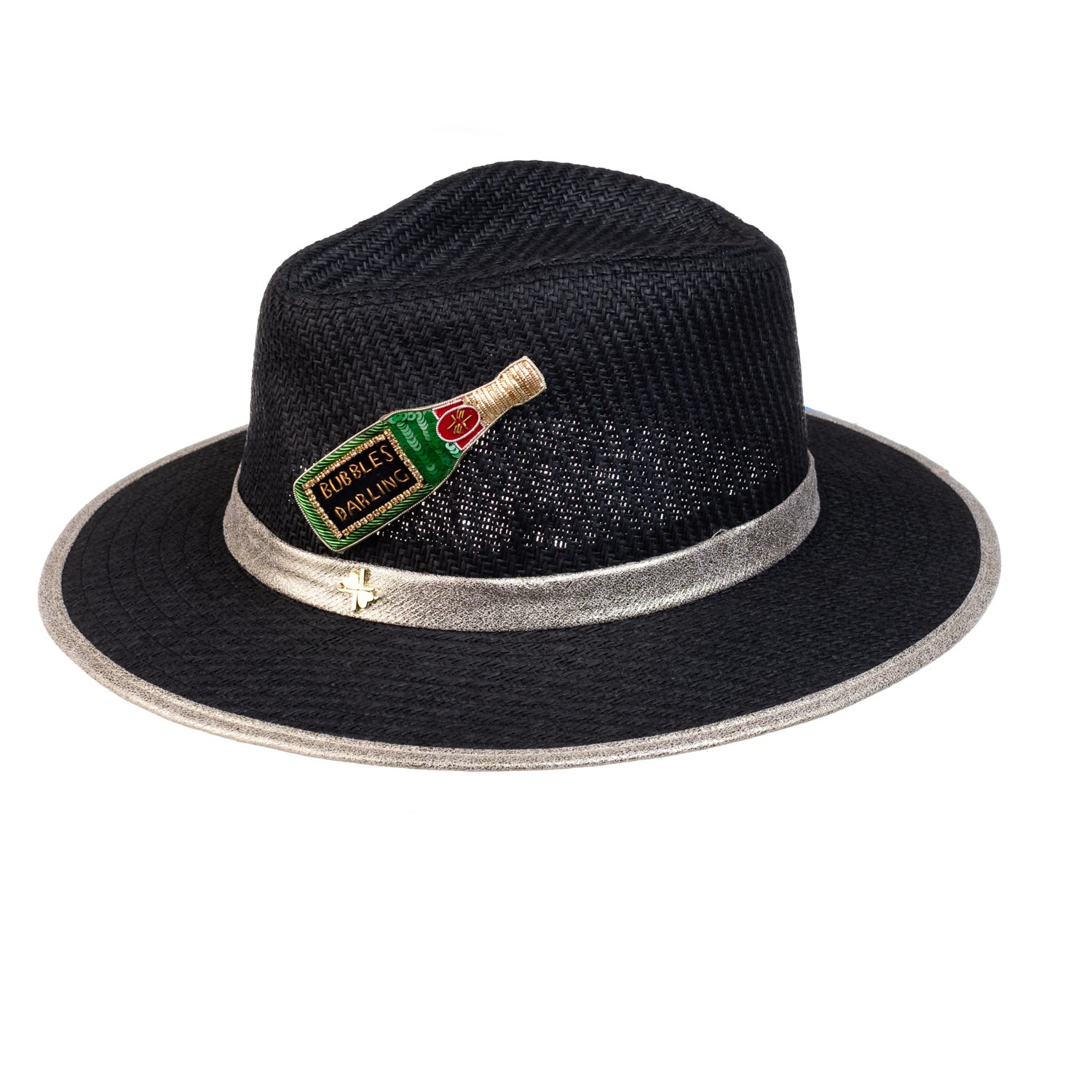 Women’s Straw Woven Hat With Embellished Bubbles Darling Brooch - Black One Size Laines London