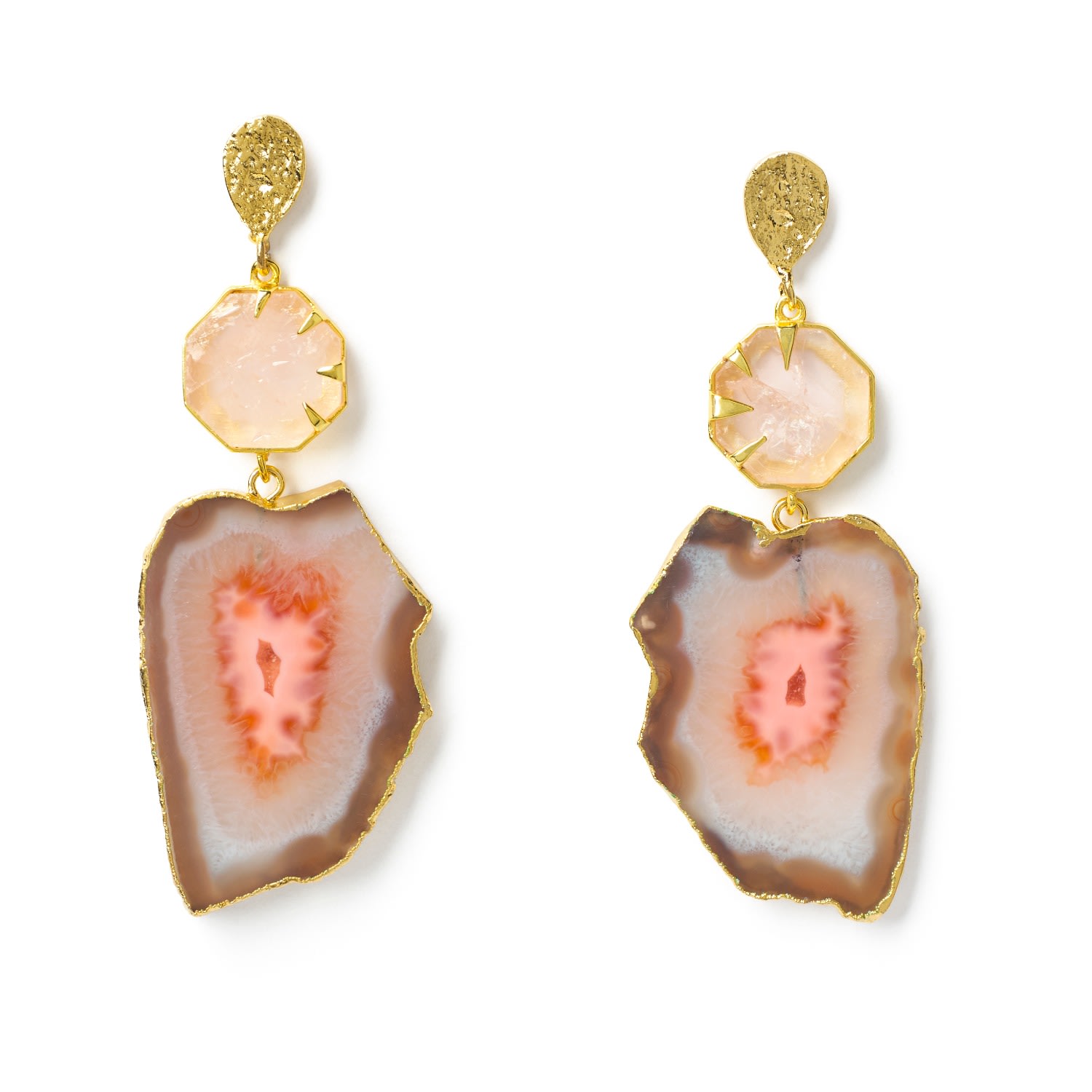 Yaa Yaa London Women's Neutrals 'hold On' Rose Quartz Agate Gemstone Gold Statement Earrings In Yellow