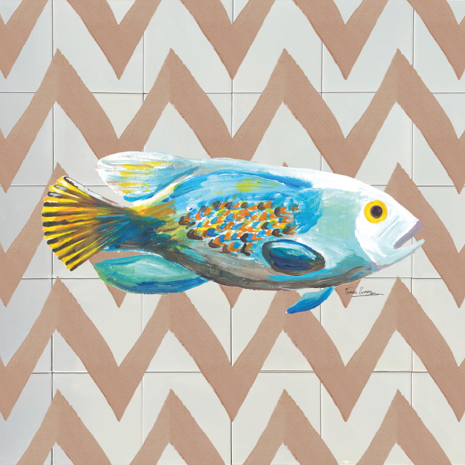 White / Brown / Blue Backsplash Tiles Ikat Fish Catchii