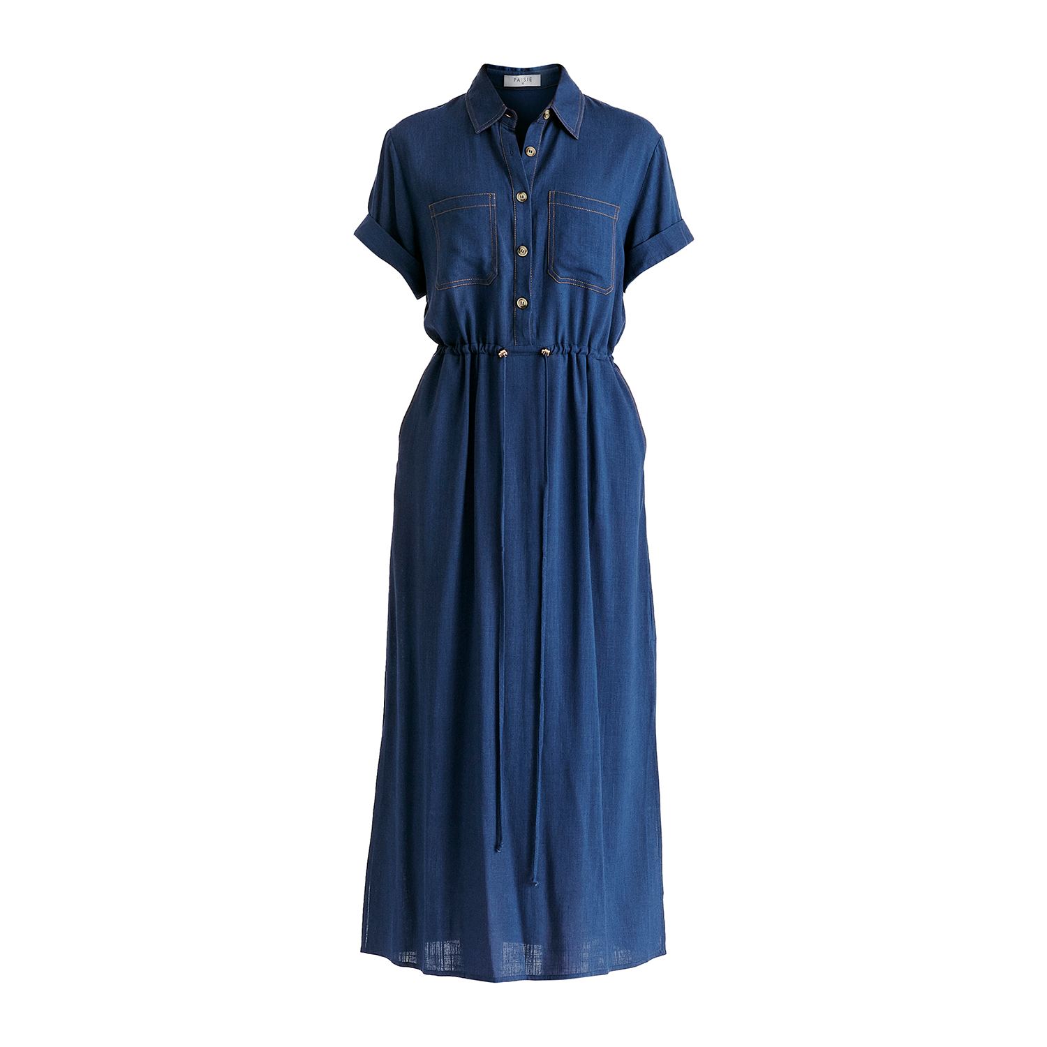 Paisie Women's Blue Linen Blend Shirt Dress With Stitch Details In Navy In Blue