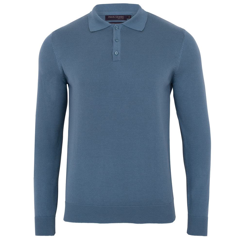 Mens Cotton Hall Long Sleeve Knitted Polo Shirt - Bluestone Extra Large Paul James Knitwear