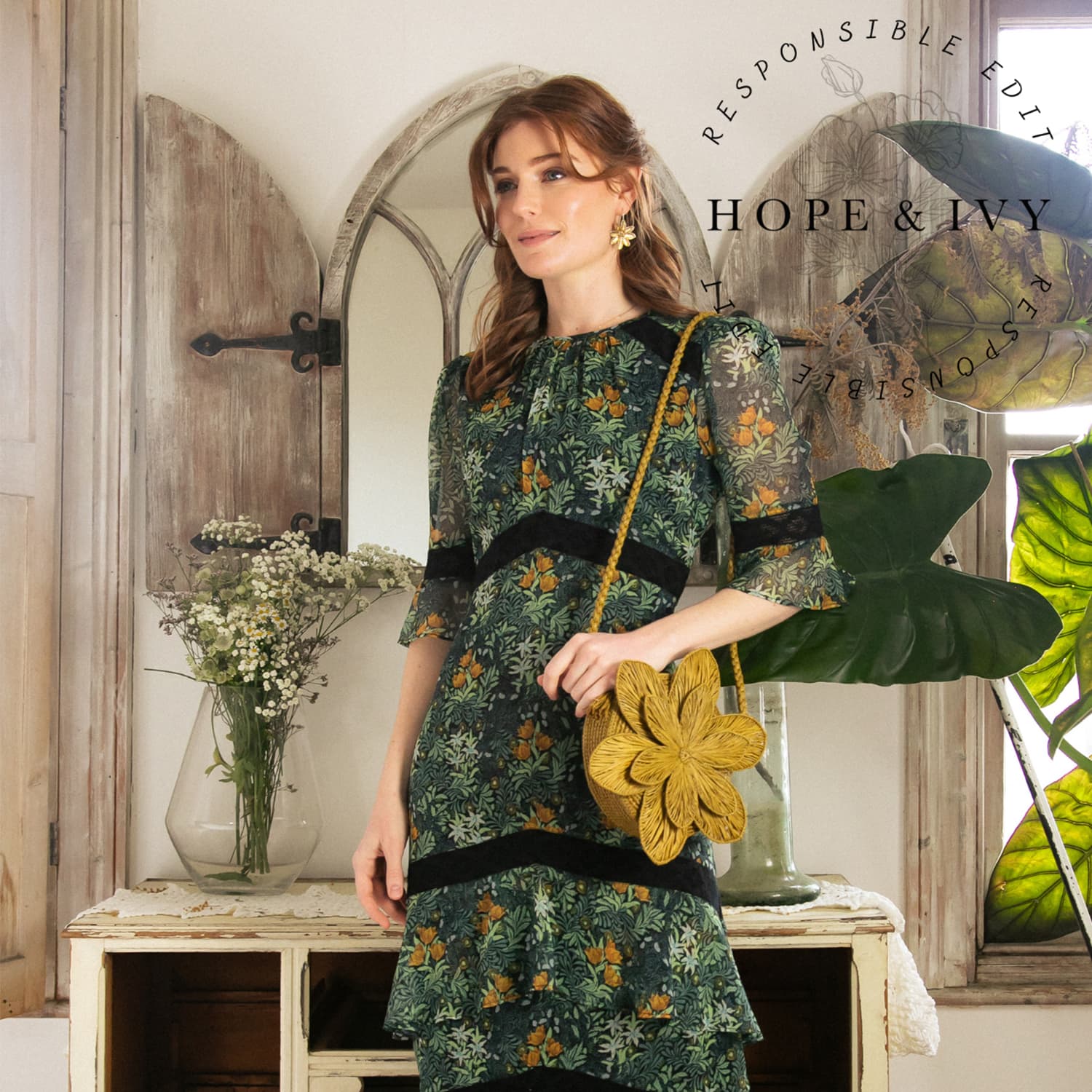 The Bower In Collaboration With The William Morris Society High Neck Midi Dress With Tiered Ruffle Skirt And Contrast Lace Trims Hope and Ivy Wolf Badger