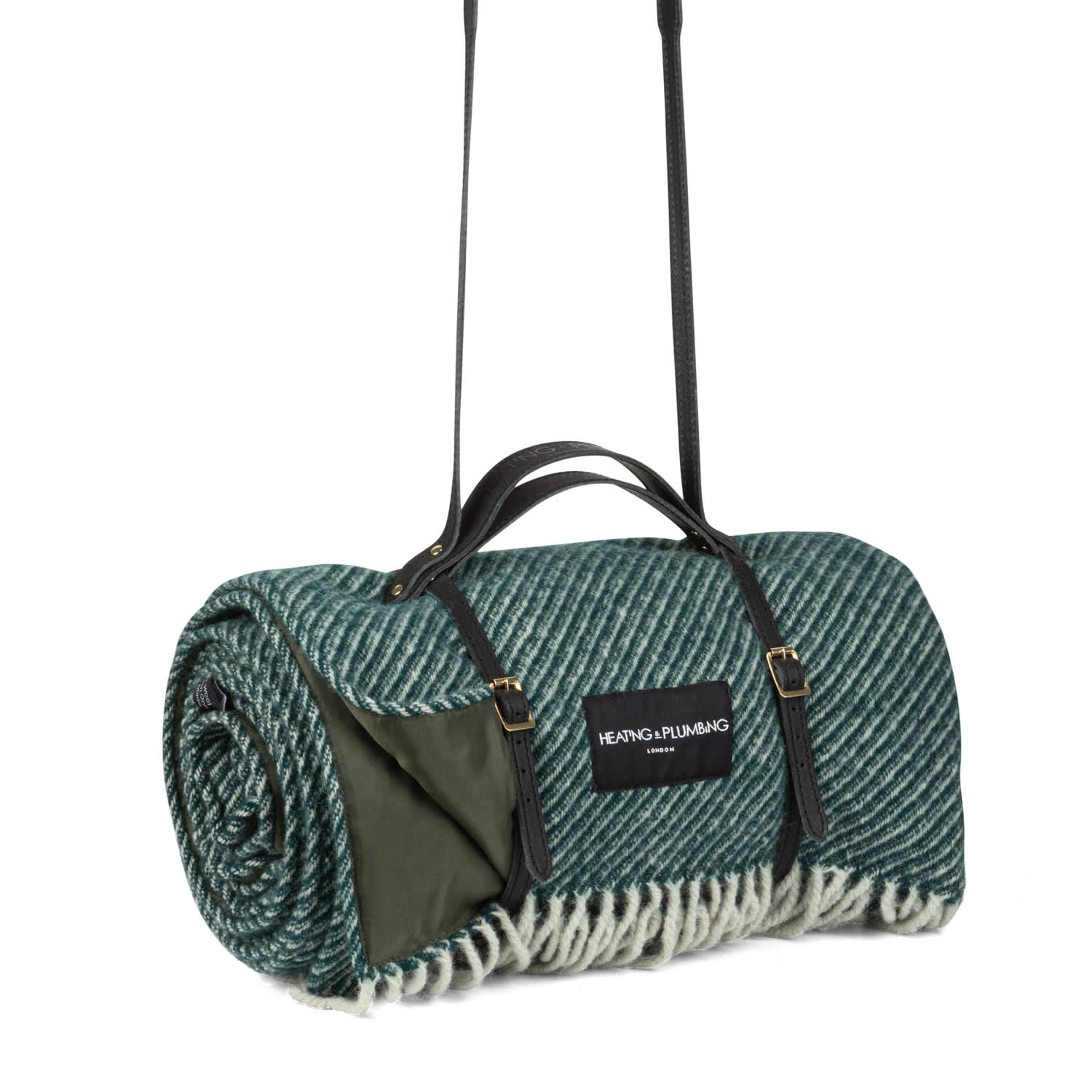 Heating & Plumbing London Green Pure New Wool Picnic Blanket - The Roadster - Long Black Leather Strap