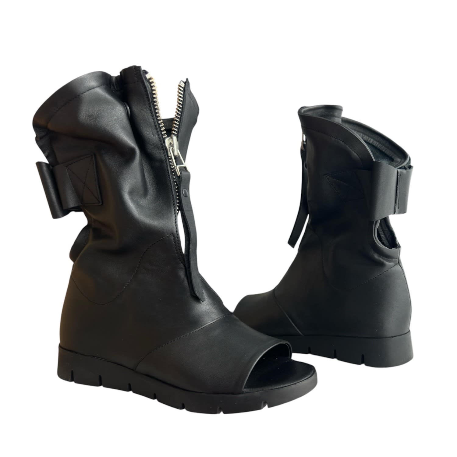 Adrenaline Fashion Handcrafted Women's Black Leather Open-toe Ankle Boots With Zipper – Genuine Leather Designer Handma In Black