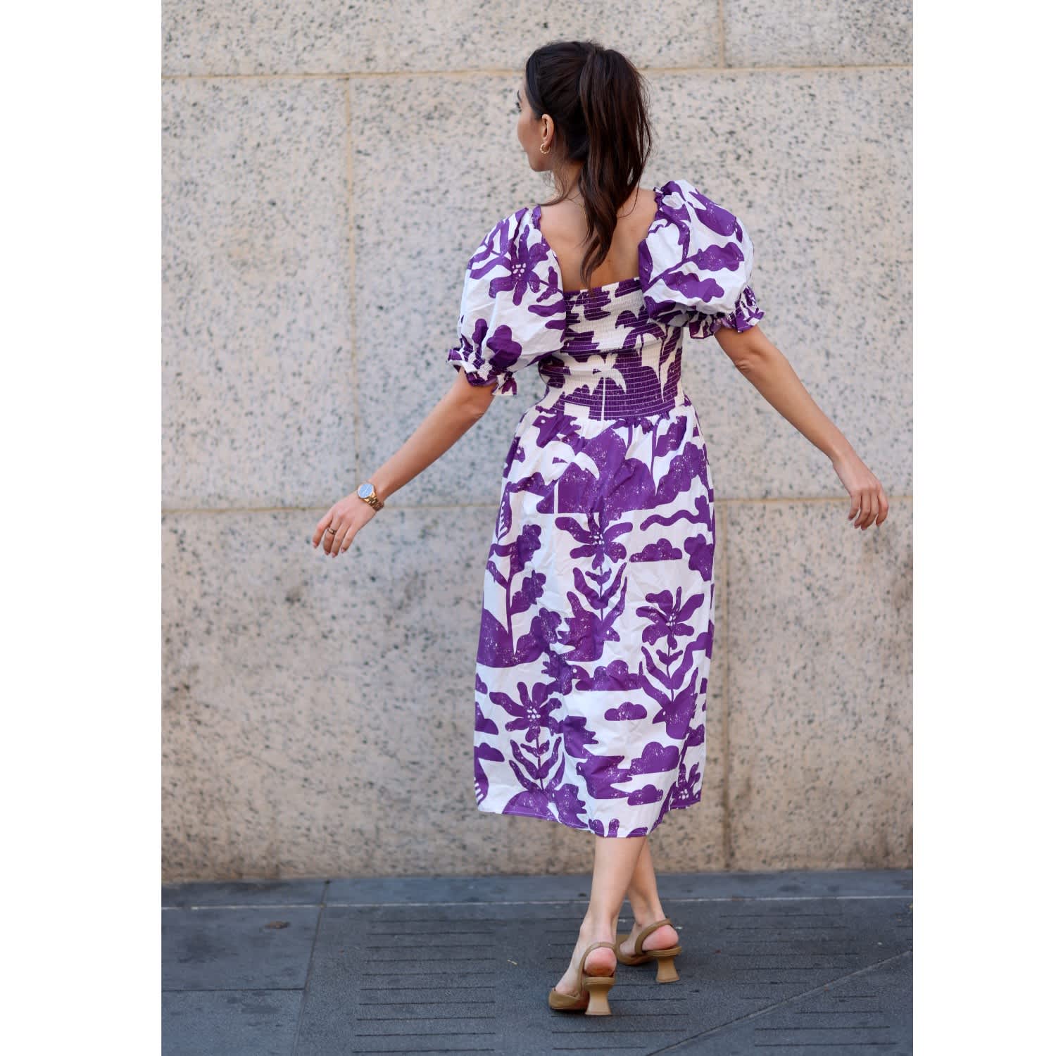 Purple Garden Scoop Neck Cotton Midi Dress