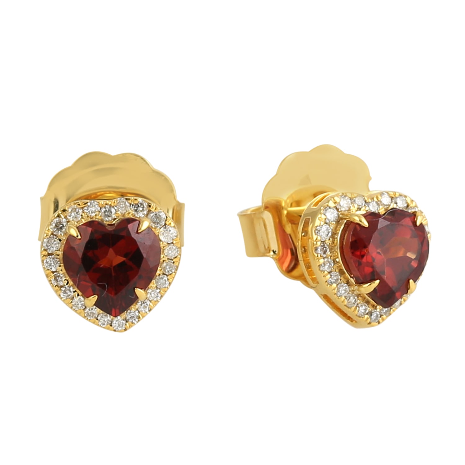 Women’s Gold / White / Red Red Heart Shape Garnet Gemstone & Pave Diamond In 18K Yellow Gold Stud Earrings Artisan